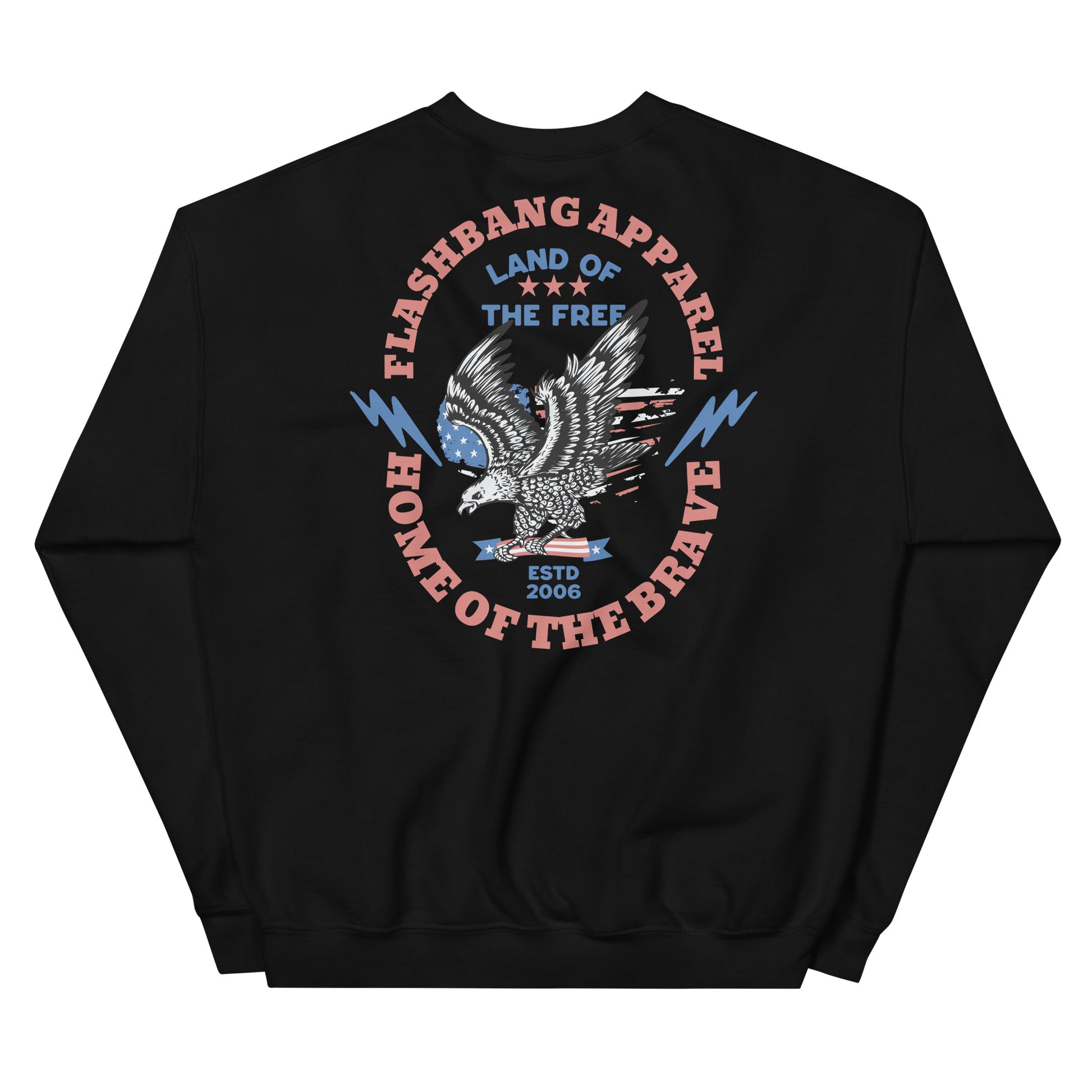 Black sweatshirt with an eagle graphic and text on a white background