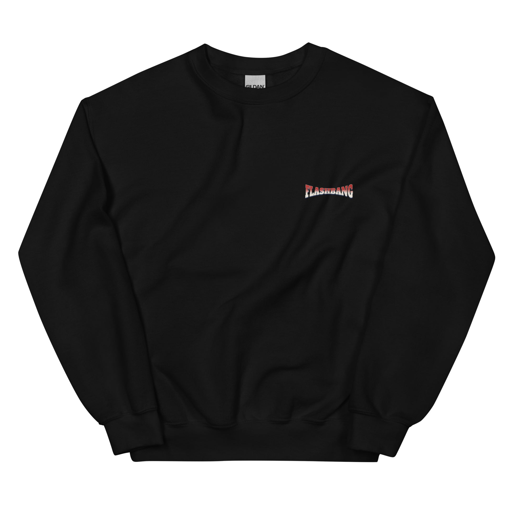 Black sweatshirt with a small red and white logo on a white background
