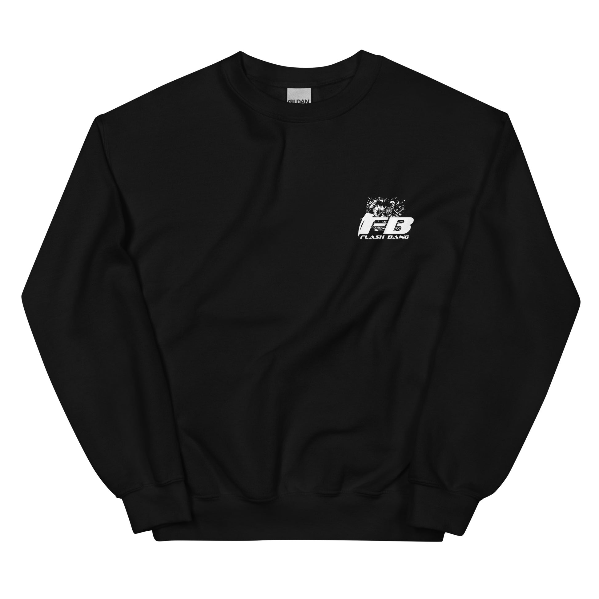 Black sweatshirt with a logo on the chest against a white background