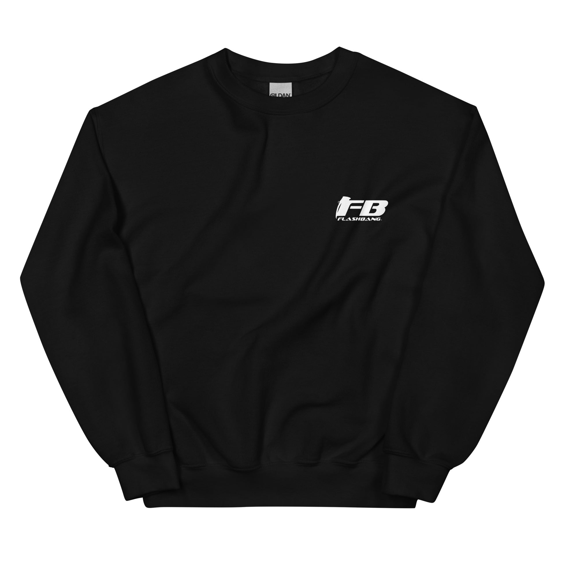 Black sweatshirt with a logo on the chest against a white background