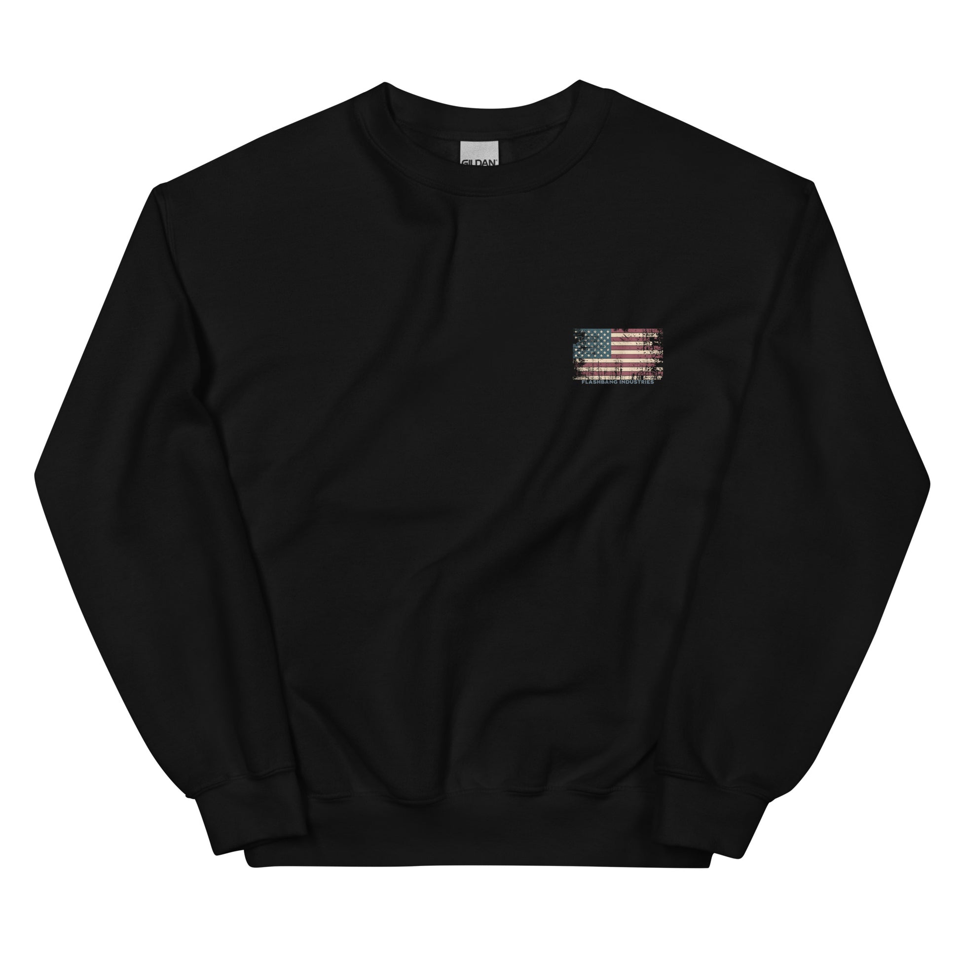 Black sweatshirt with a small flag patch on a white background