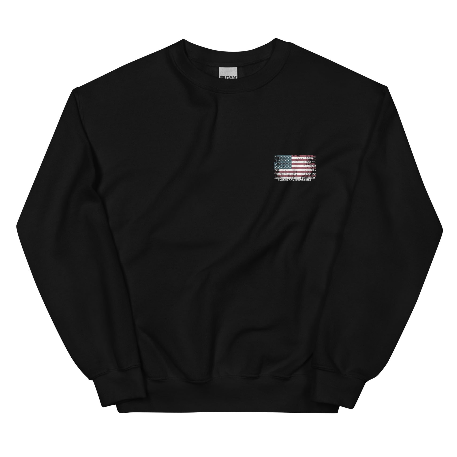 Black sweatshirt with a small flag patch on a white background