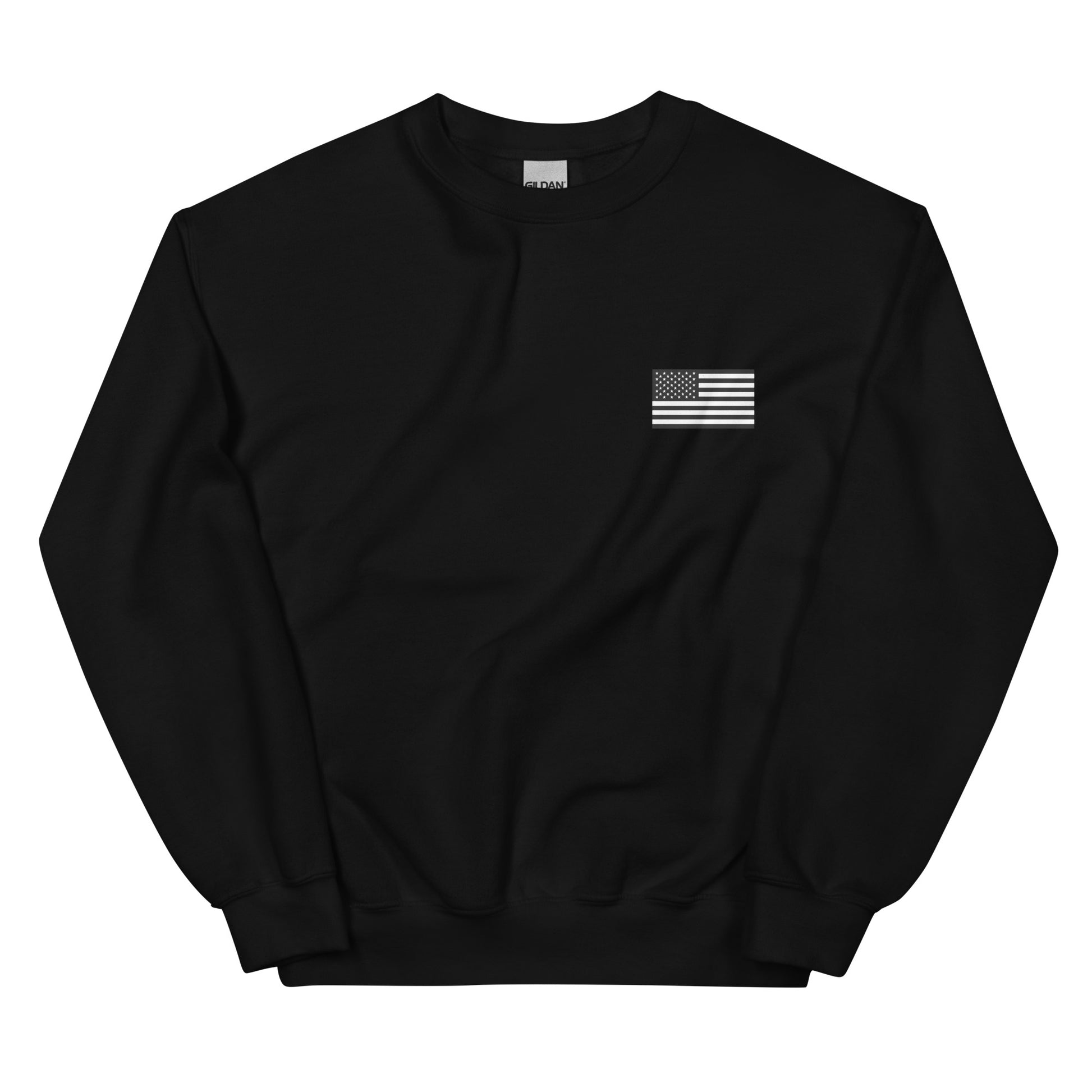 Black sweatshirt with a small flag patch on a white background