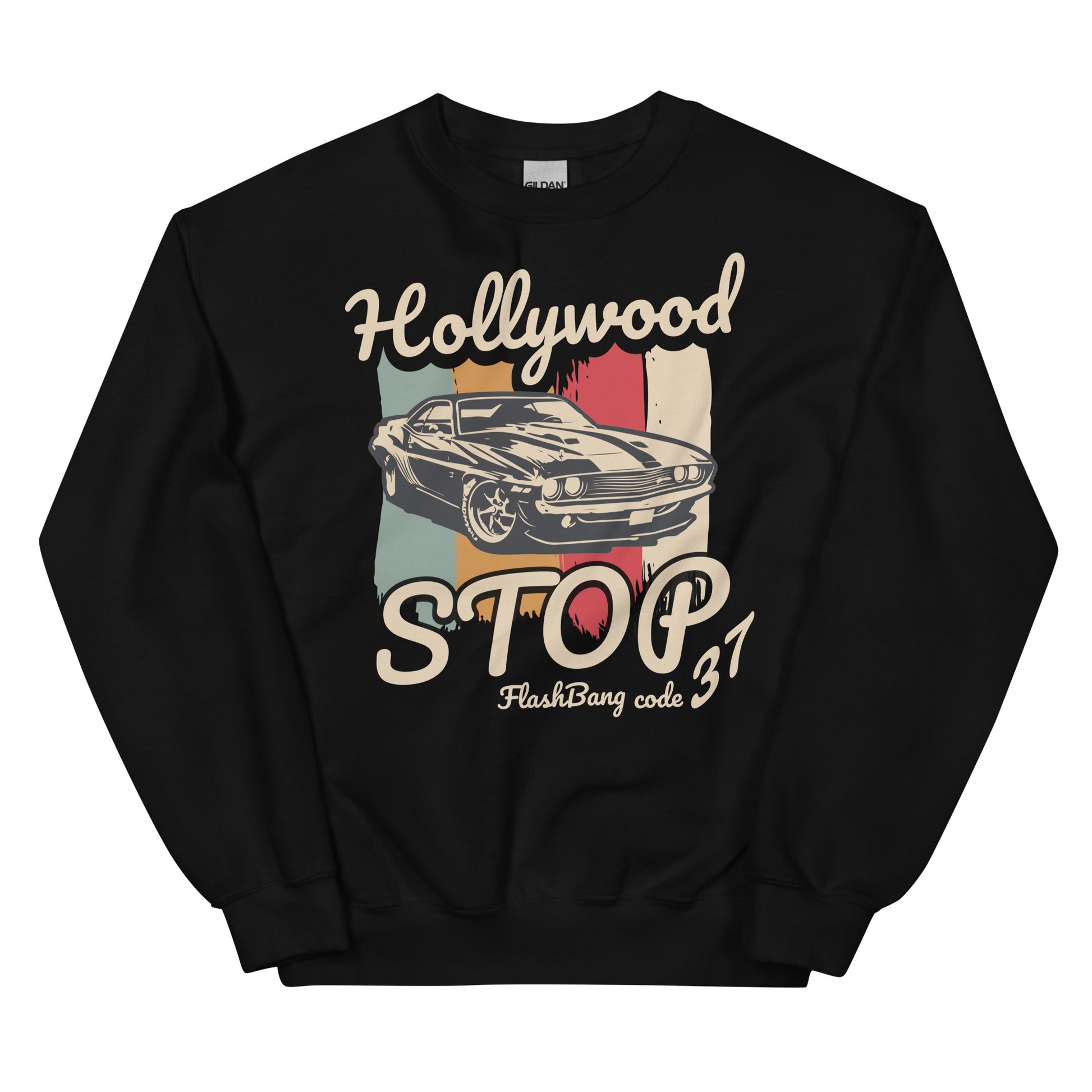 Black sweatshirt with vintage car graphic and text on a white background
