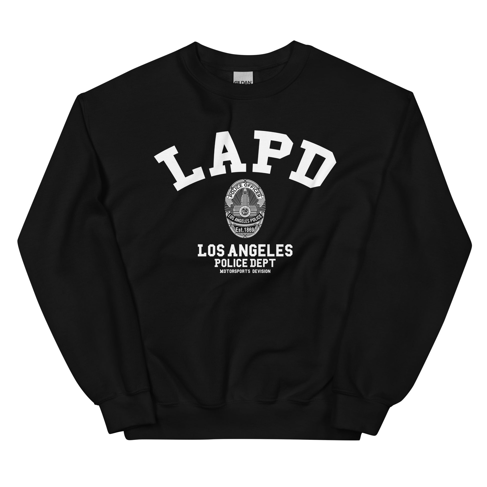 Black sweatshirt with LAPD Los Angeles Police Dept logo on a white background
