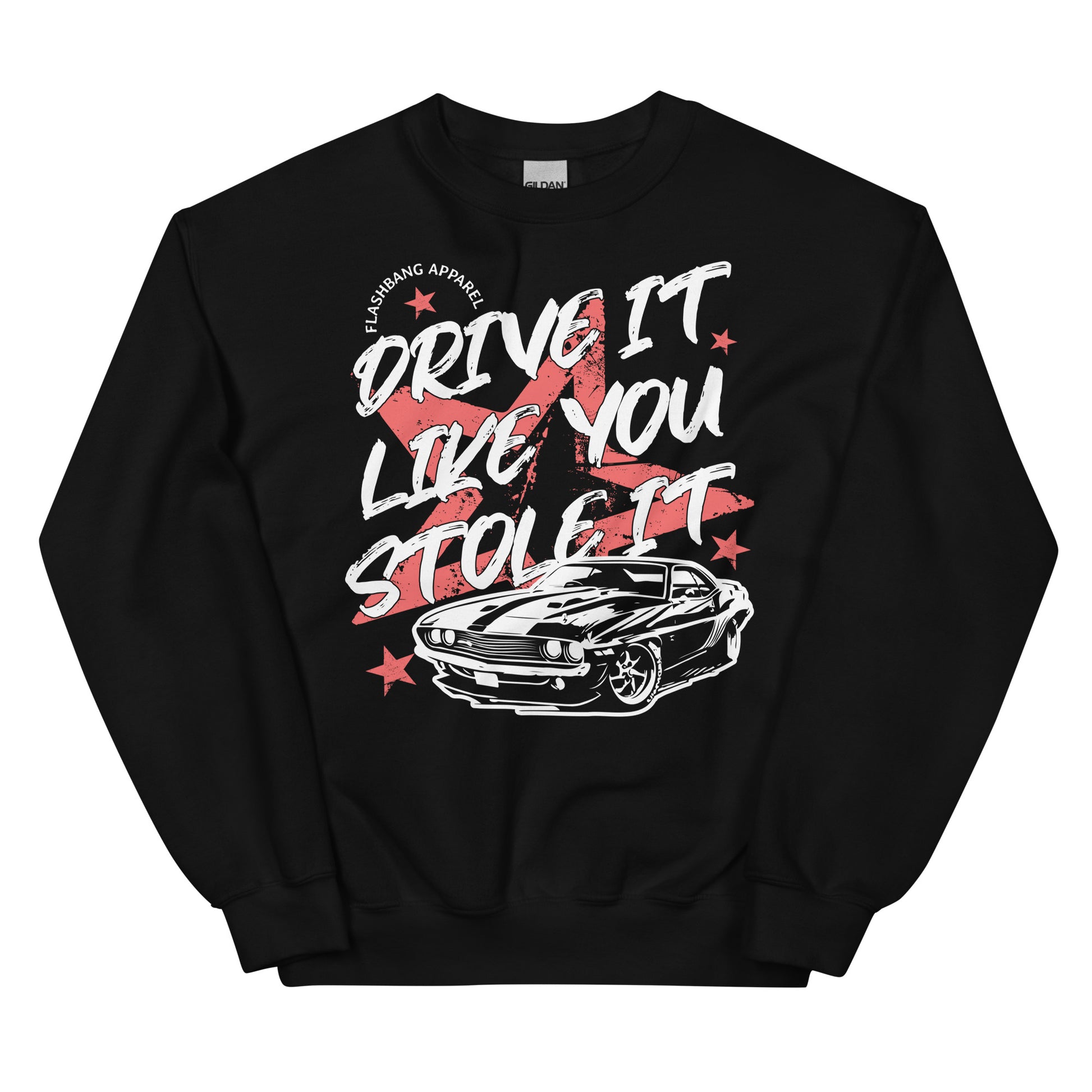 Black sweatshirt with graphic design and text on a white background