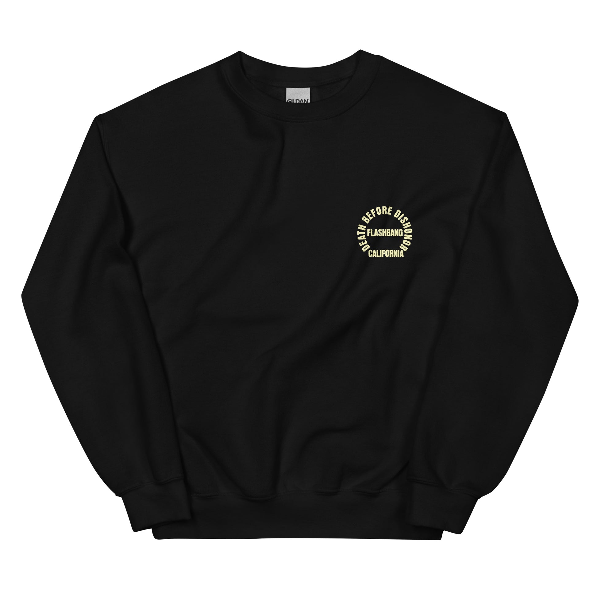 Black sweatshirt with a logo on the chest against a white background