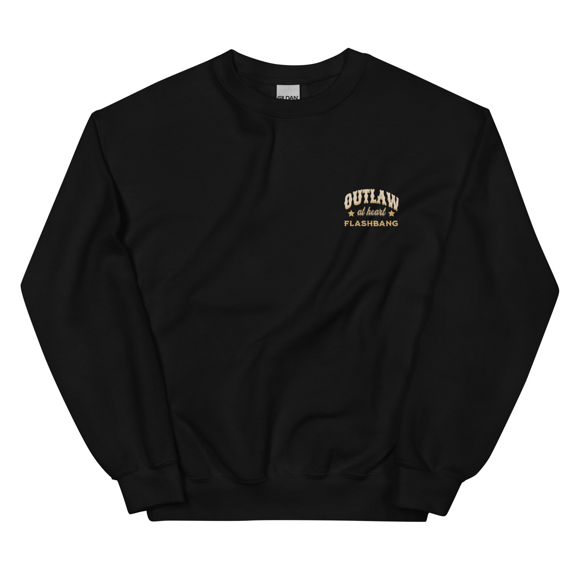 Black sweatshirt with 'Outlaw Flashbang' text on a white background