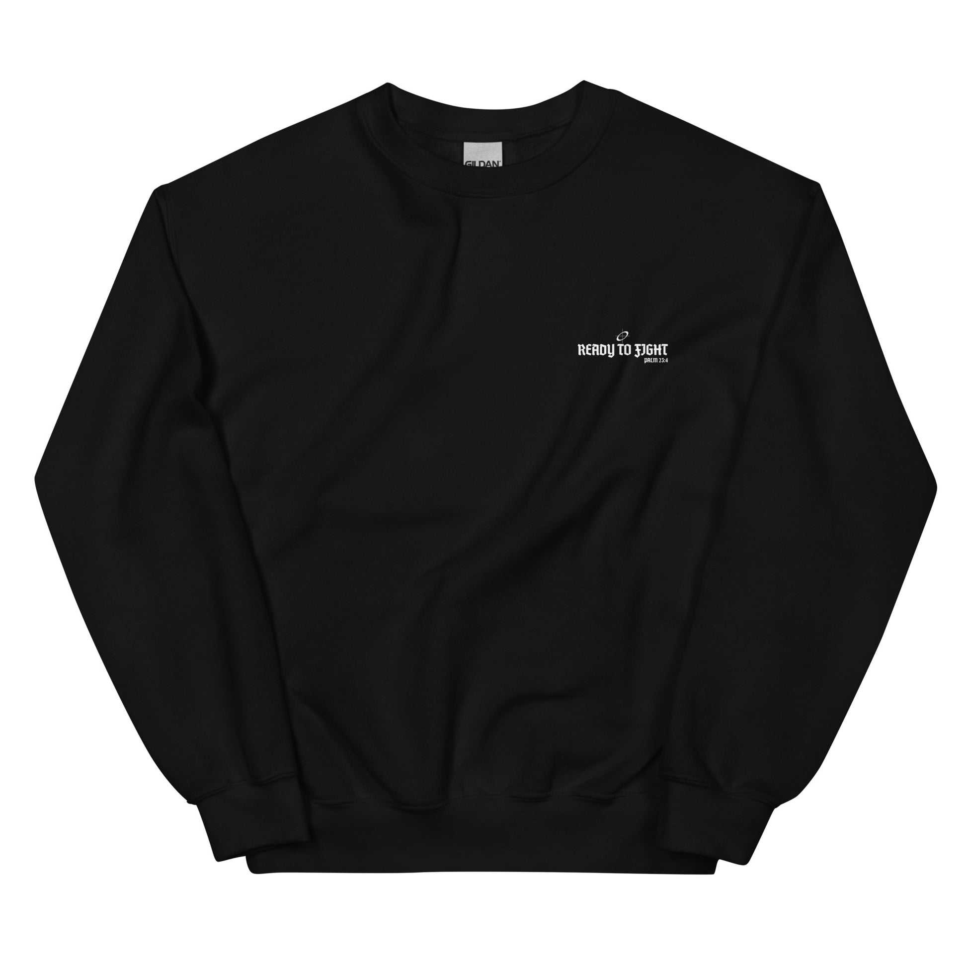 Black sweatshirt with a small white logo on a white background