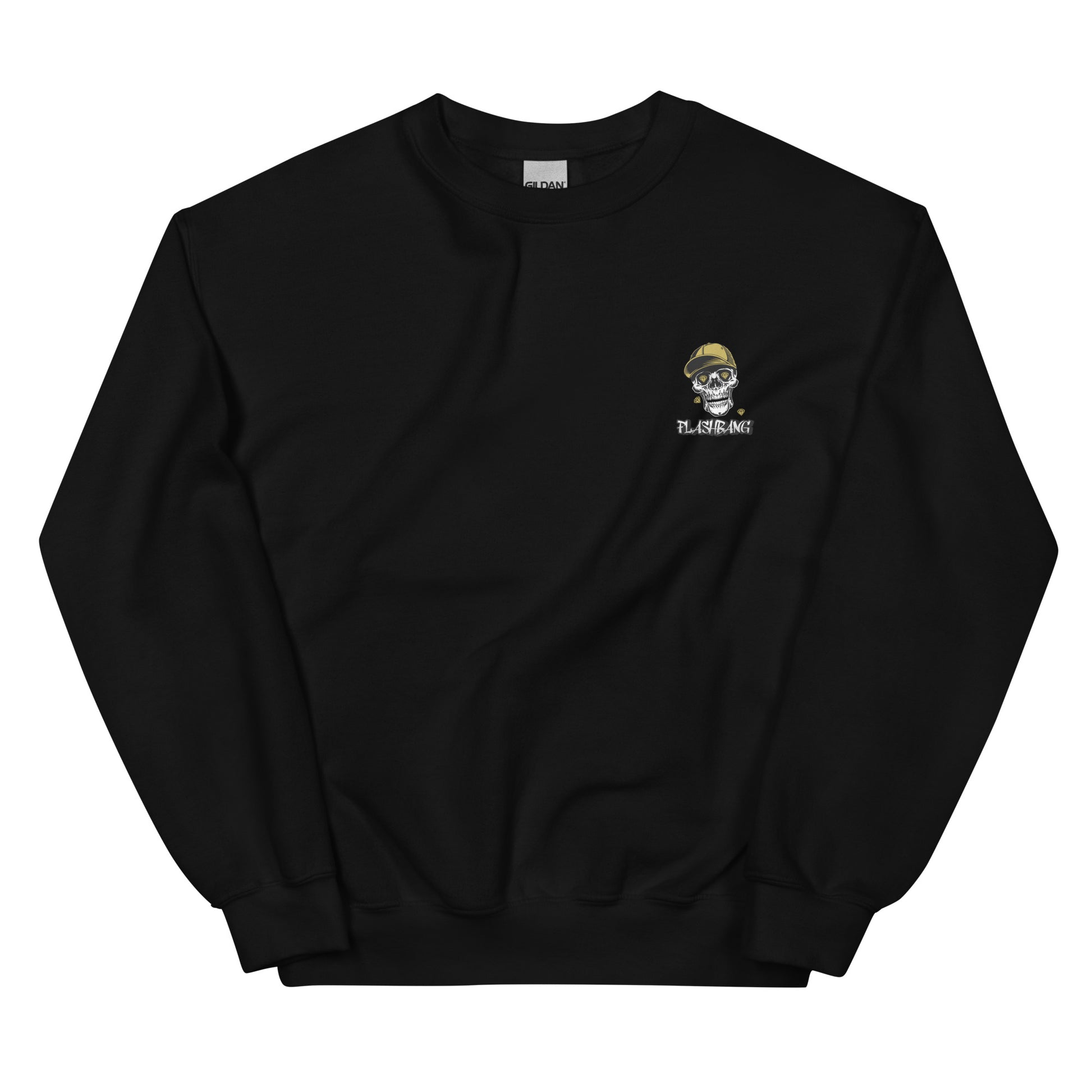 Black sweatshirt with a small logo on the chest against a white background
