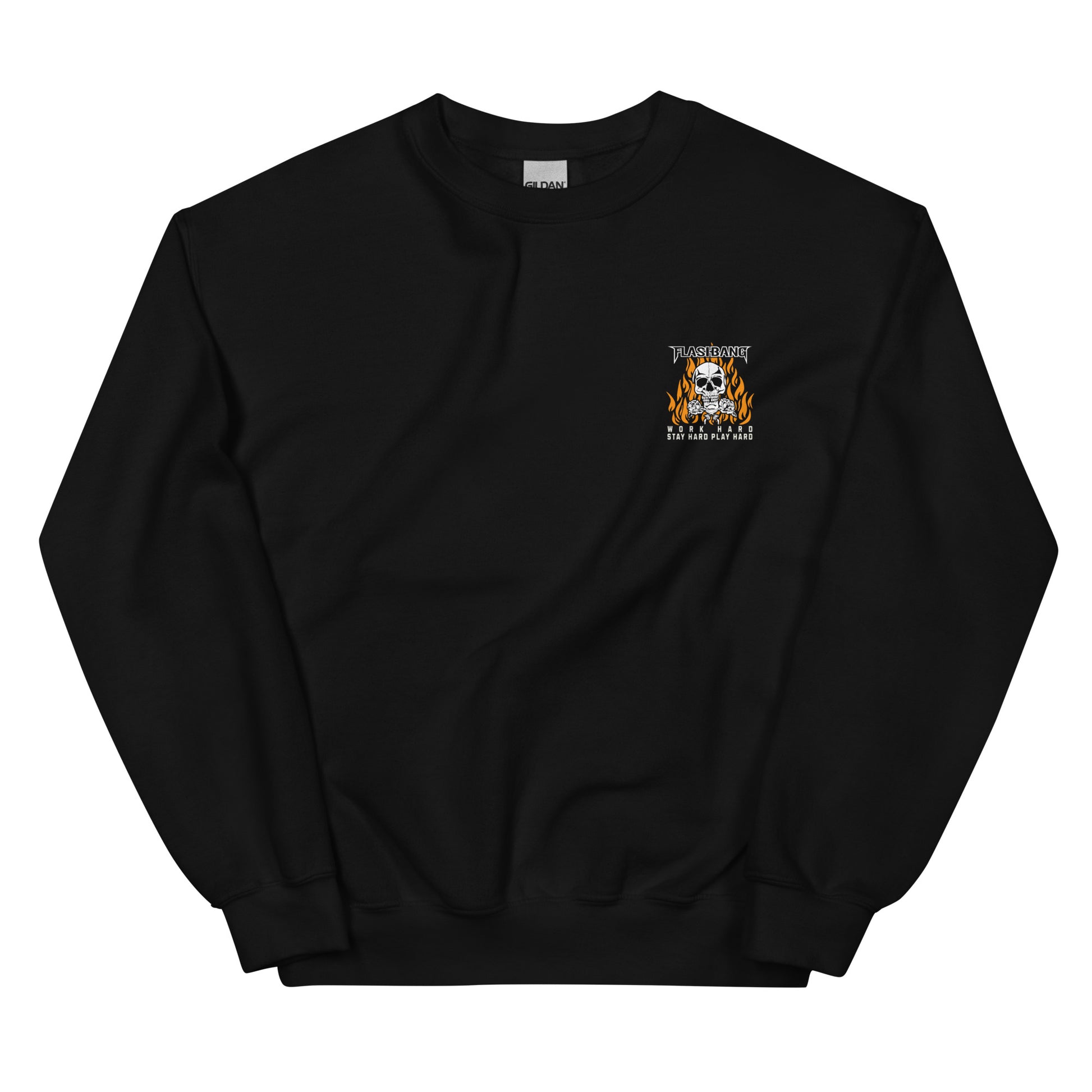 Black sweatshirt with a small logo on the chest against a white background