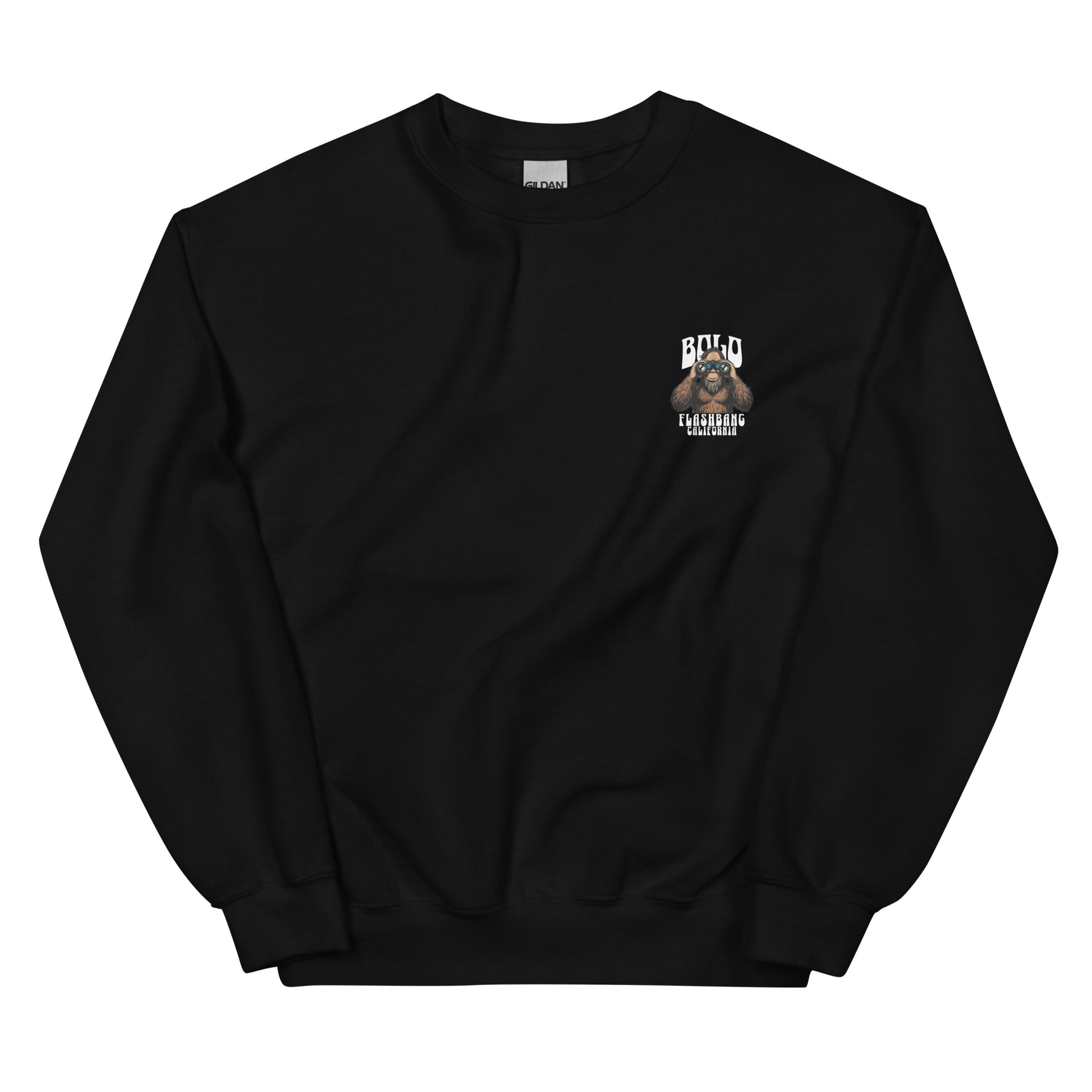 Black sweatshirt with a small graphic on the chest against a white background