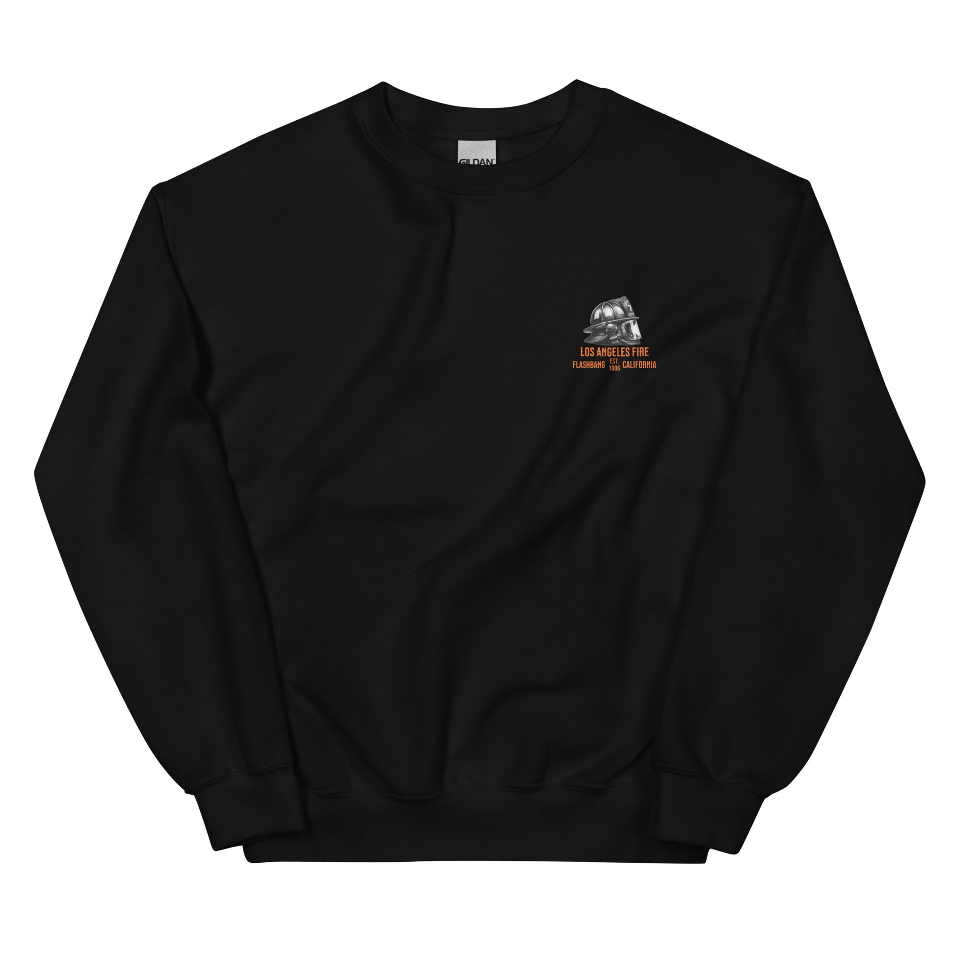 Black sweatshirt with a small logo on the chest against a white background