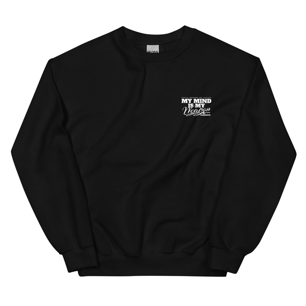 Black sweatshirt with white text on a white background