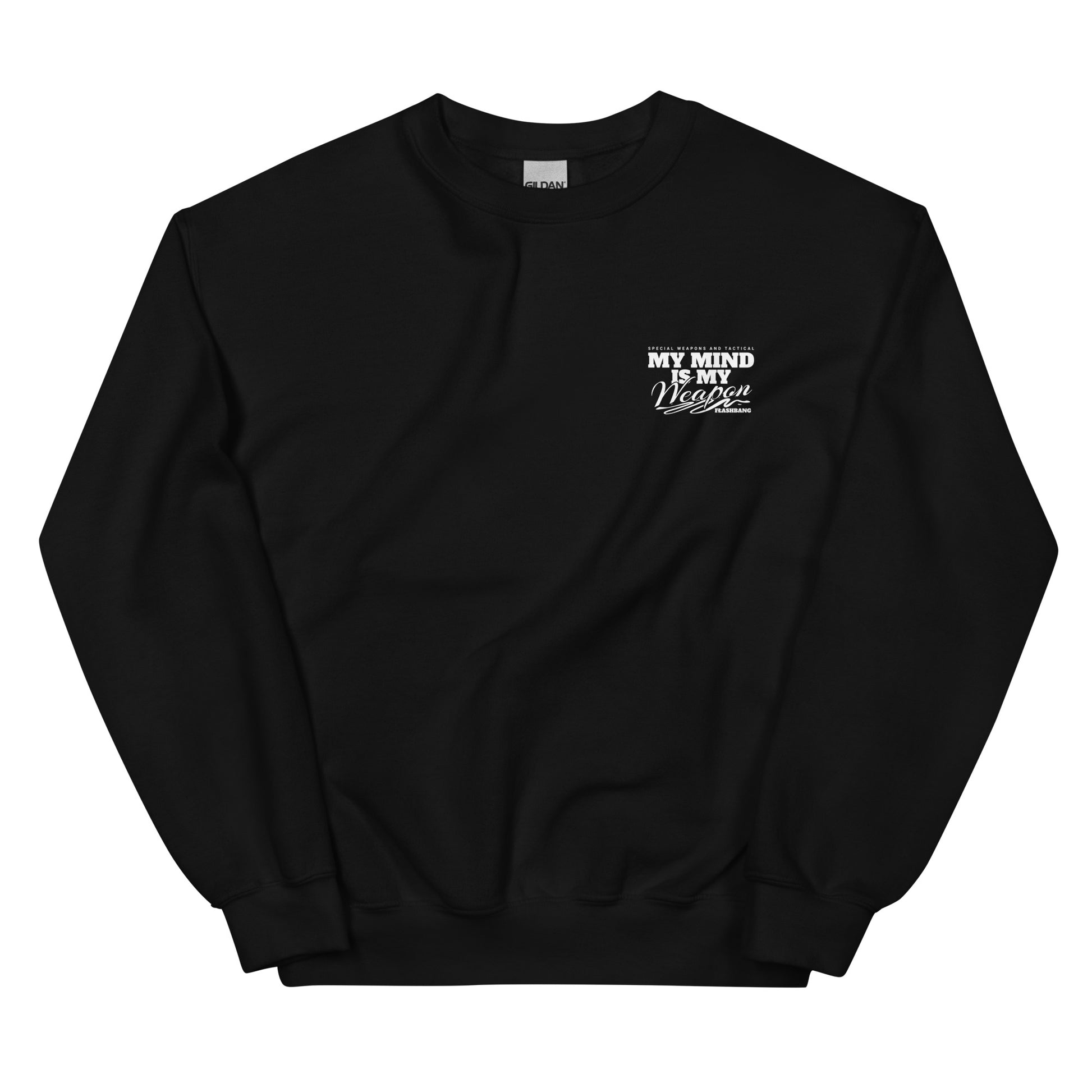 Black sweatshirt with white text on a white background