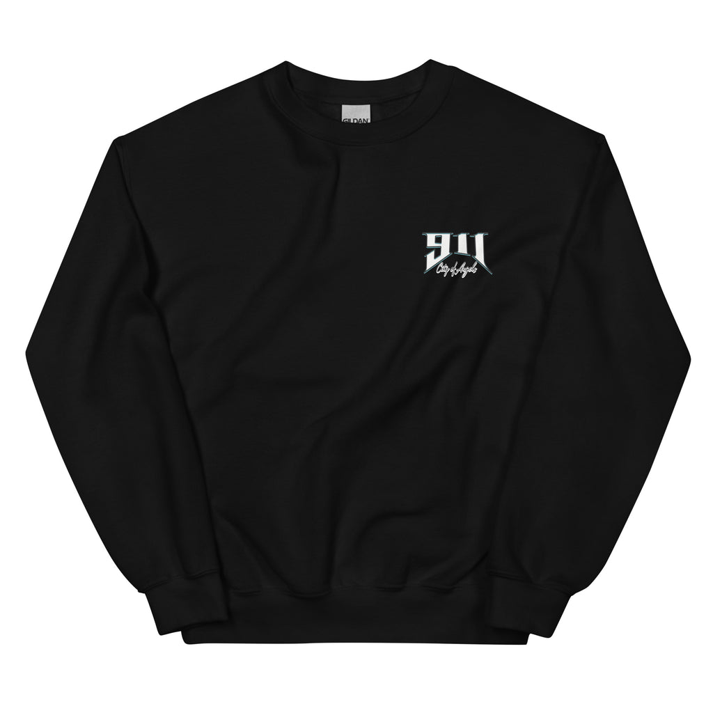 Black sweatshirt with a white logo on a white background