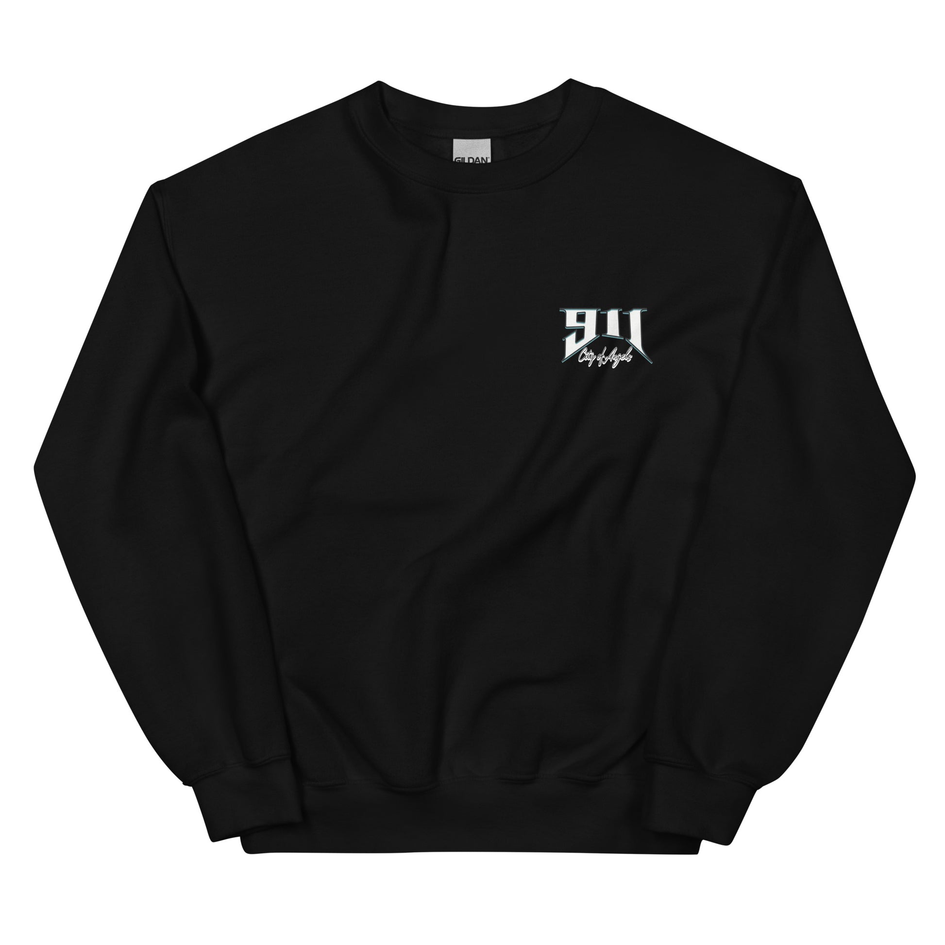 Black sweatshirt with a white logo on a white background
