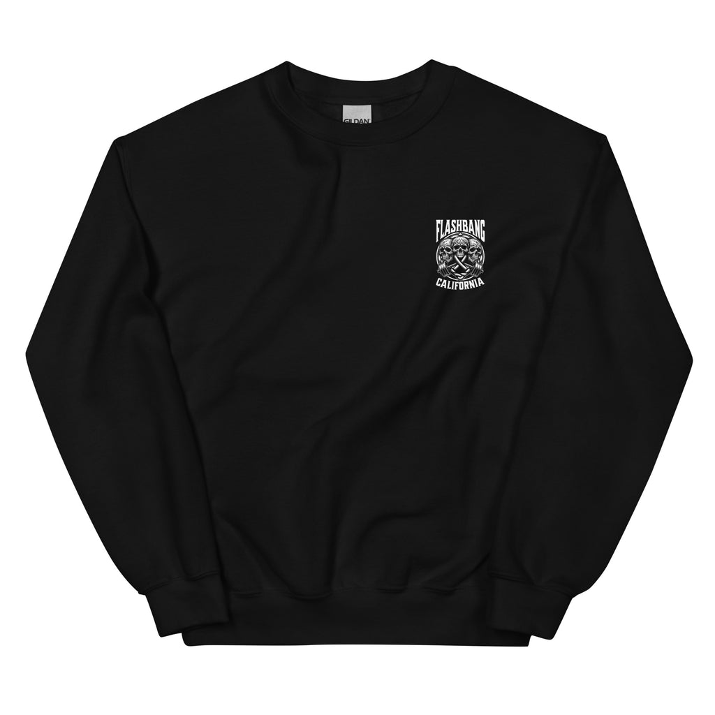 Black sweatshirt with a logo on the chest against a white background