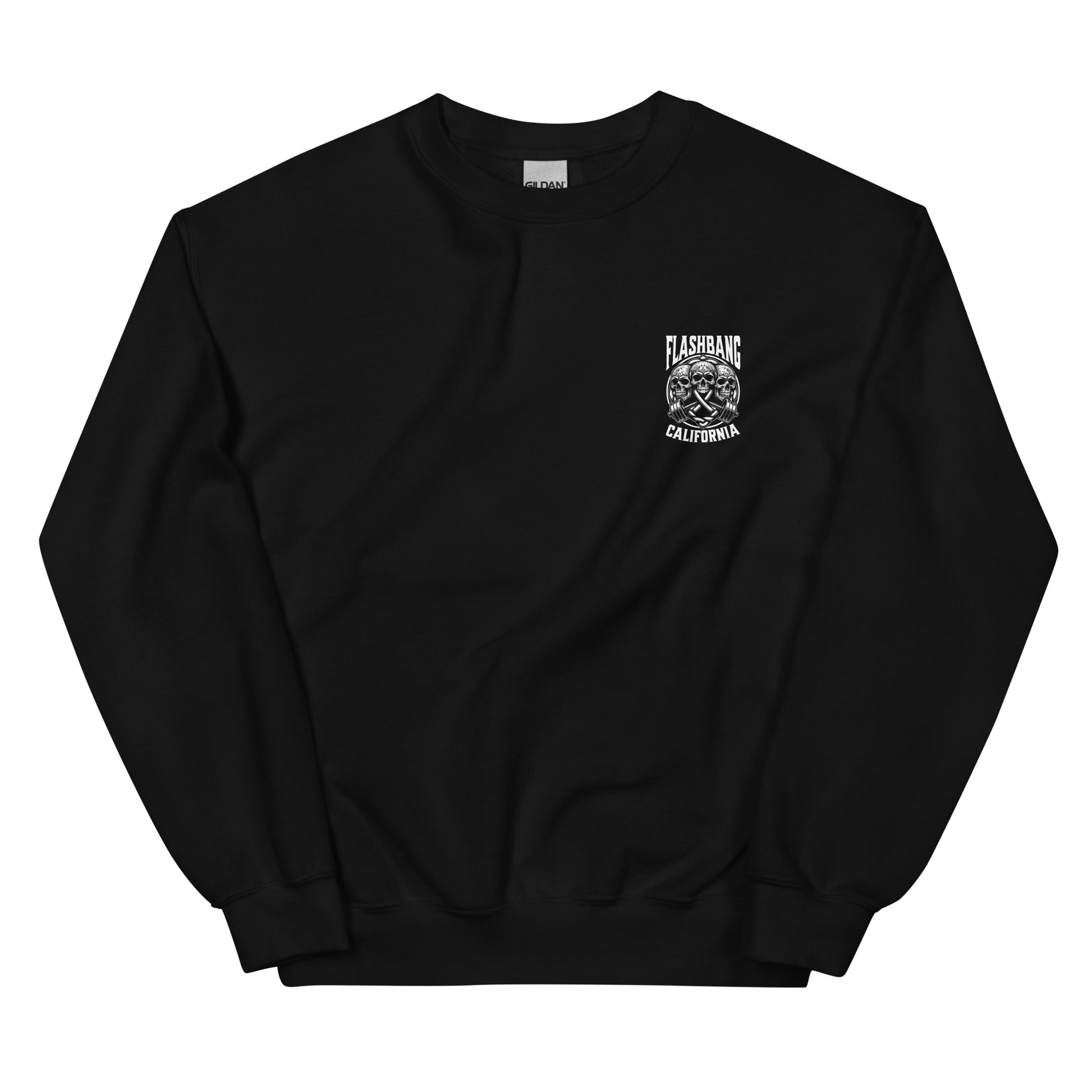 Black sweatshirt with a logo on the chest against a white background