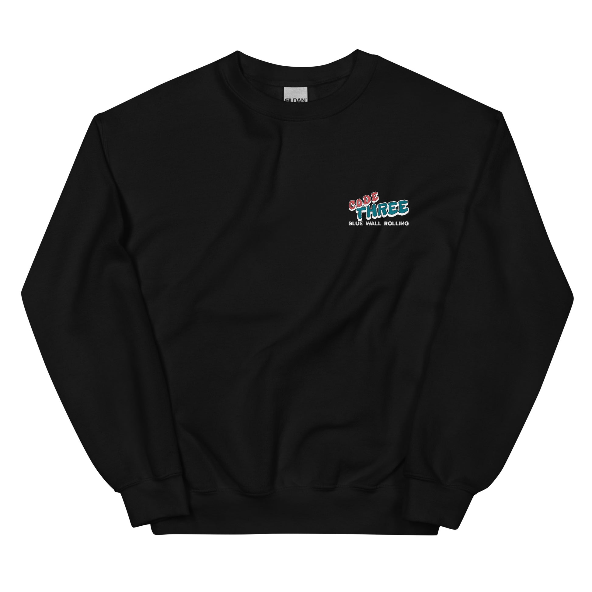 Black sweatshirt with colorful logo on a white background