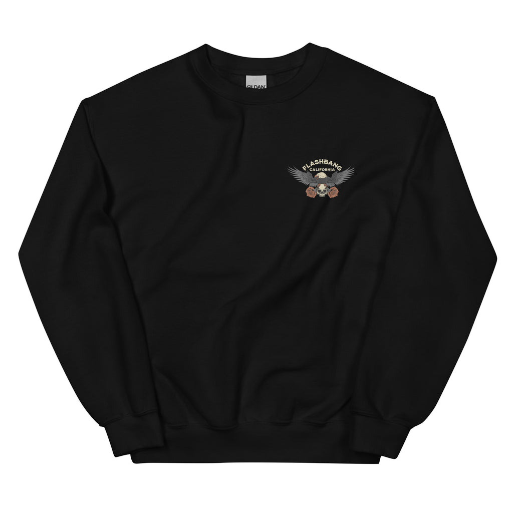 Black sweatshirt with a logo on the chest against a white background