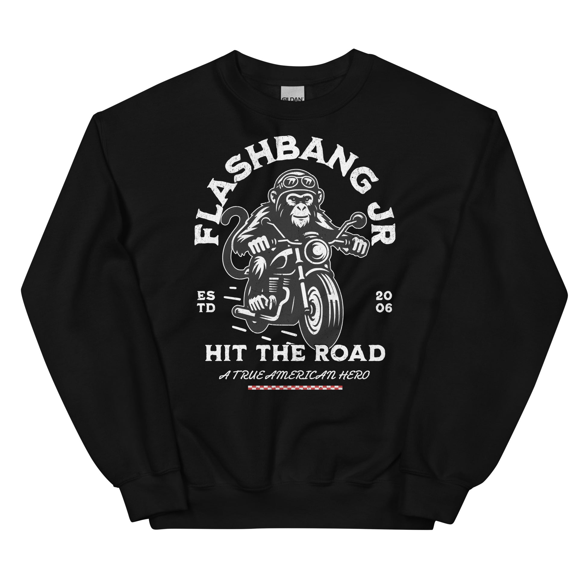 Black sweatshirt with a graphic design of a monkey on a motorcycle and text on a white background