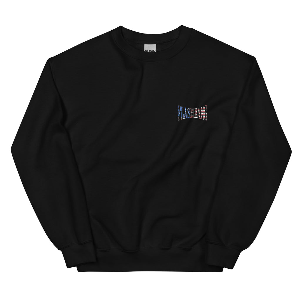 Black sweatshirt with a small colorful logo on a white background