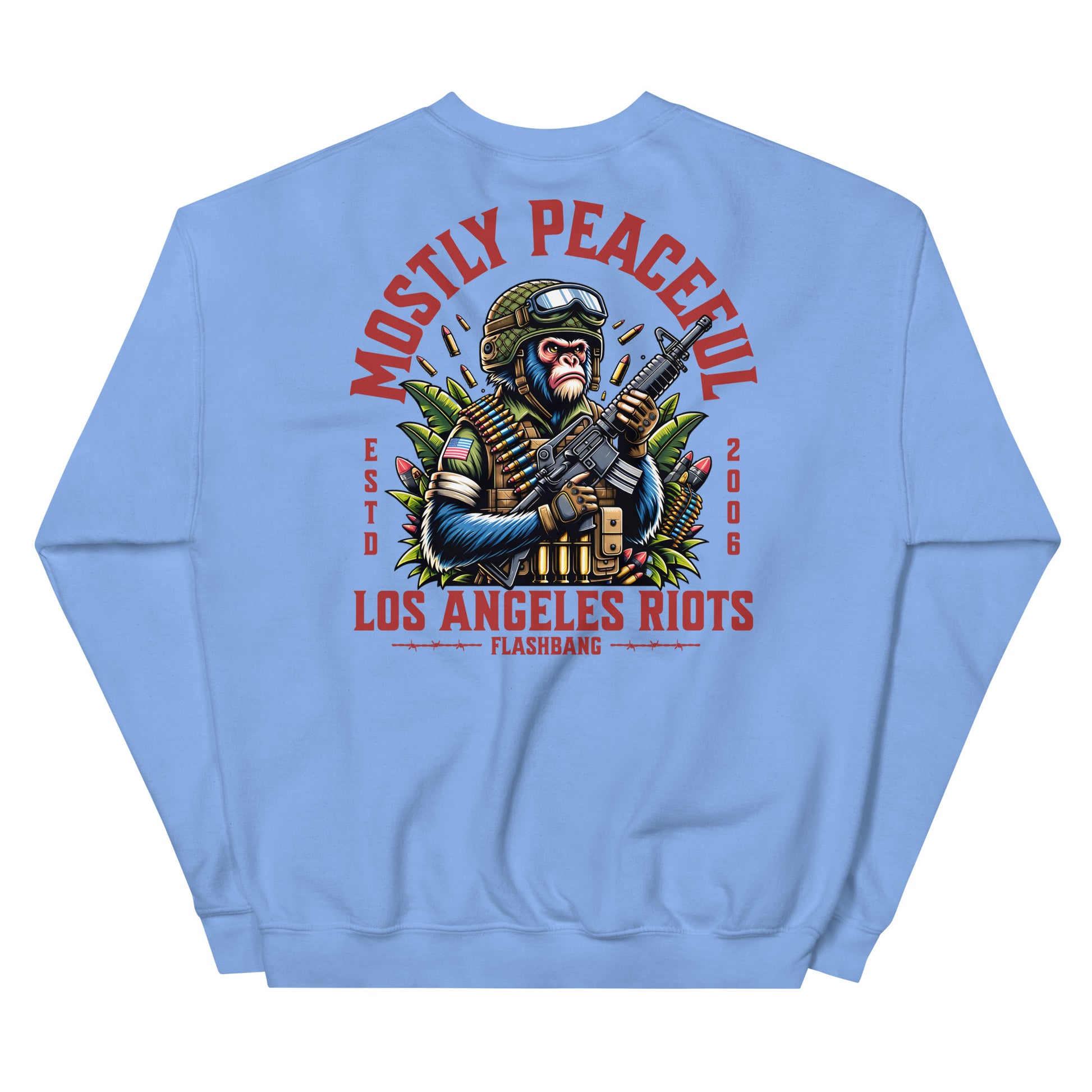 Light blue sweatshirt with graphic design and text on a white background