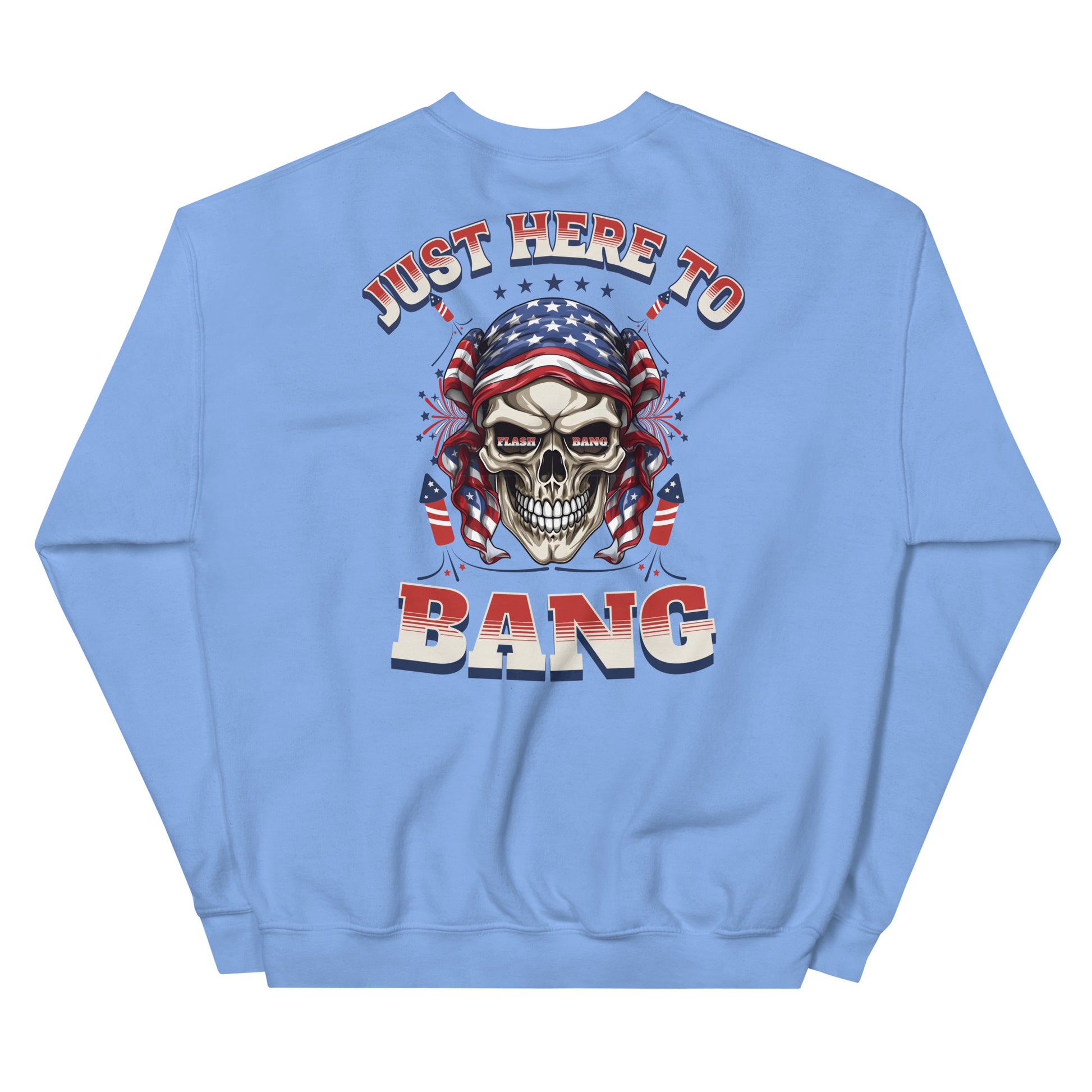 Light blue sweatshirt with a skull design and text on the back against a white background