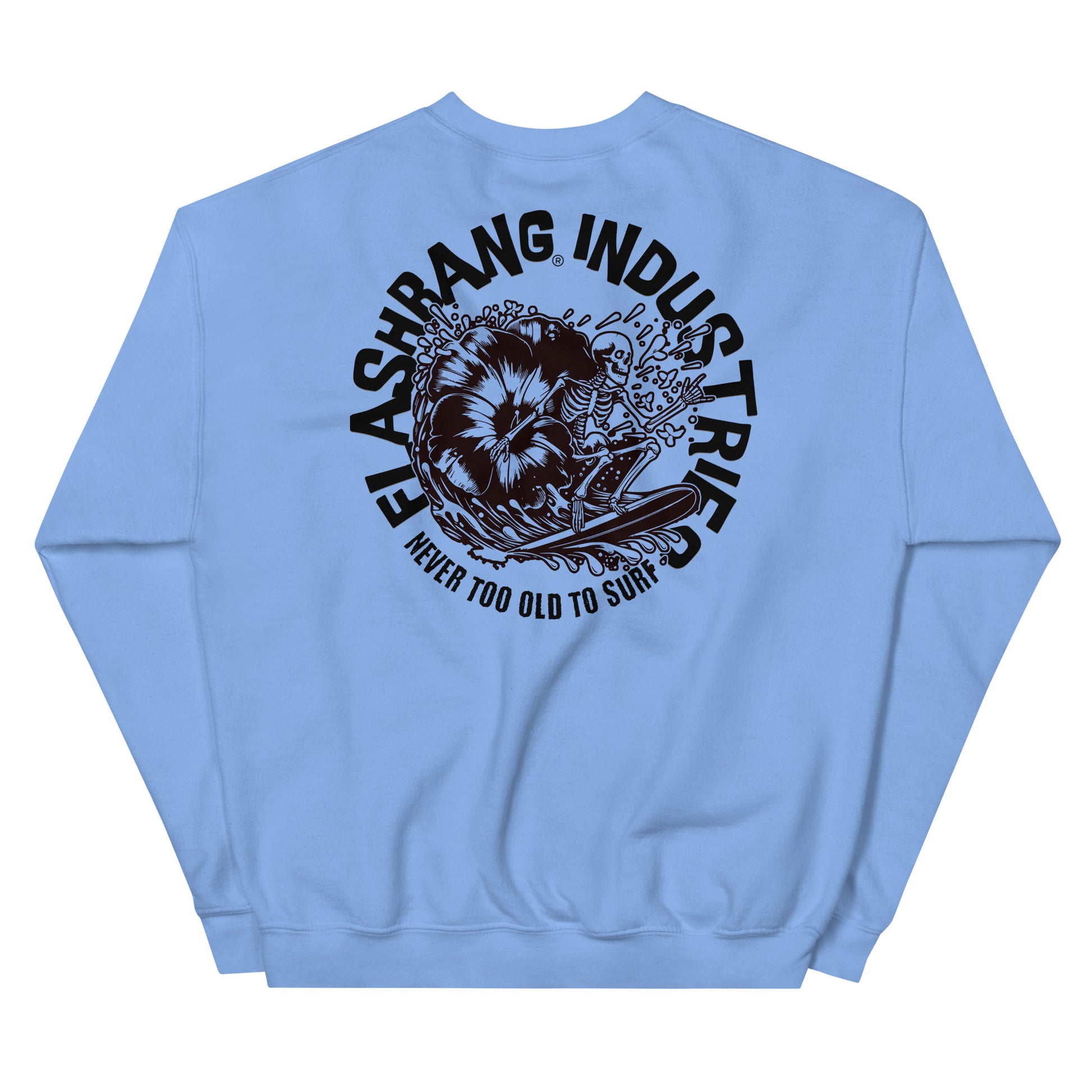 Light blue sweatshirt with black graphic and text on a white background