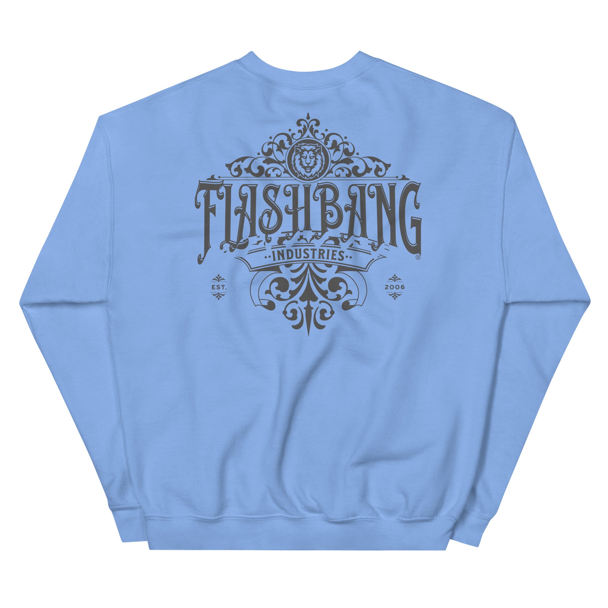 Light blue sweatshirt with 'Flashbang Industries' design on the back against a white background