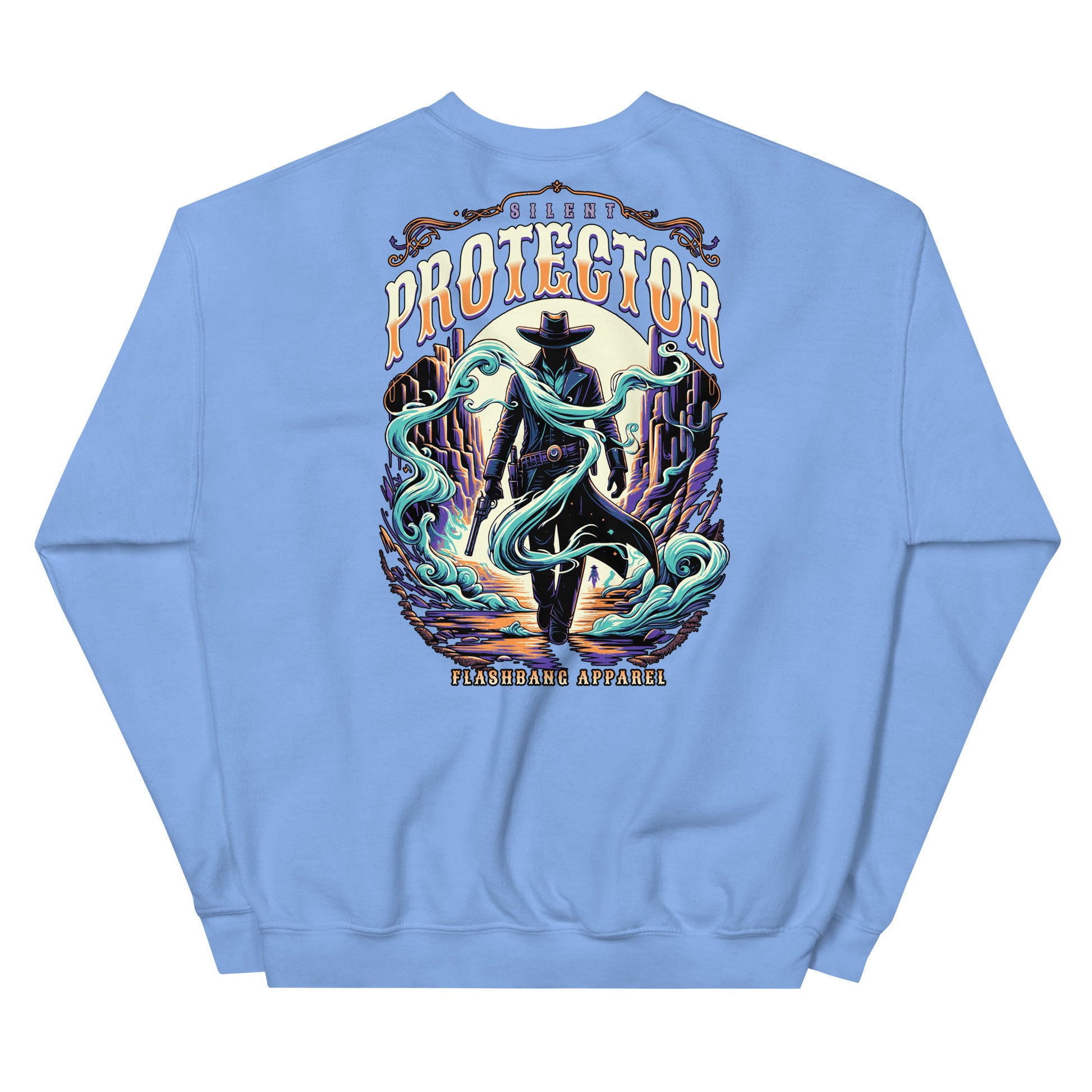 Light blue sweatshirt with a graphic design on the back featuring a cowboy and text.