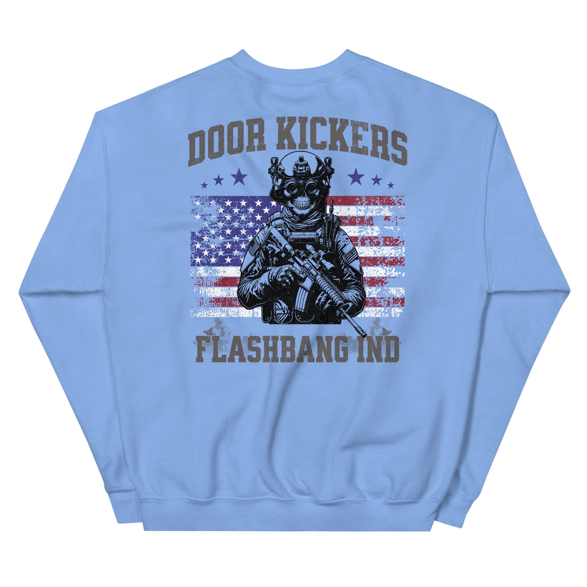 Light blue sweatshirt with graphic design and text on a white background
