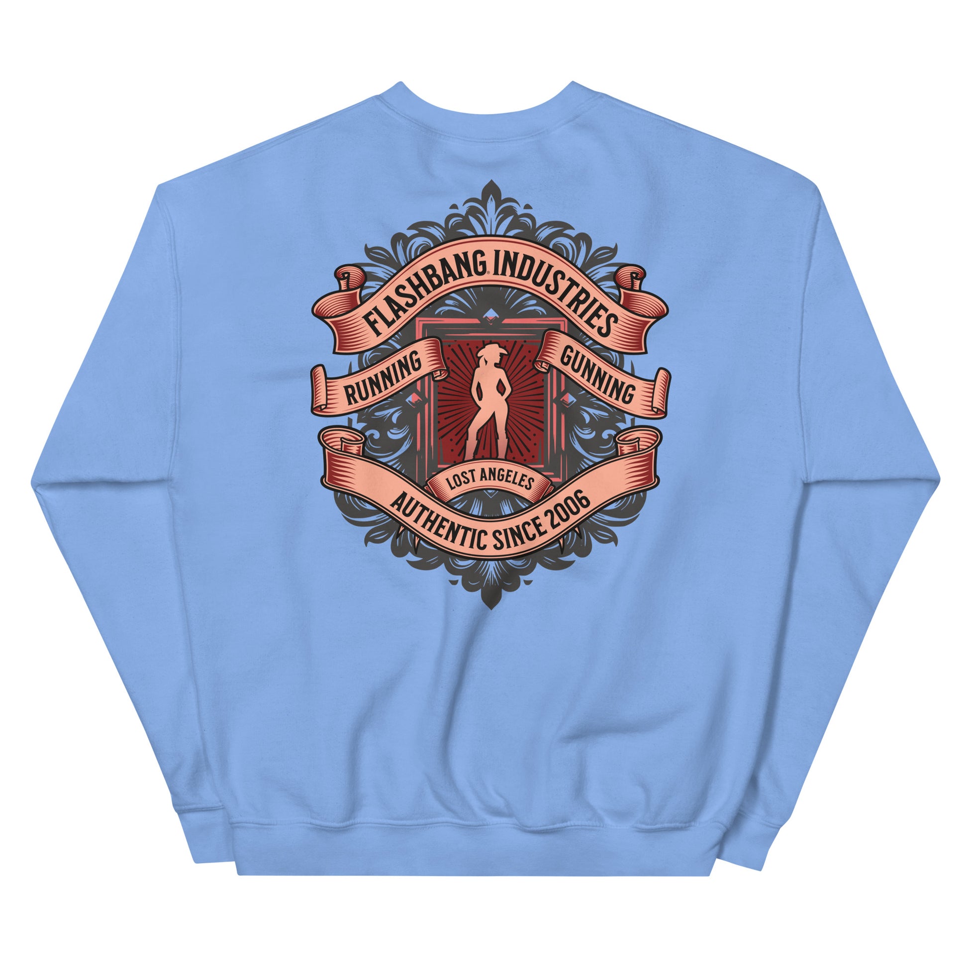 Light blue sweatshirt with a graphic design on the back on a white background