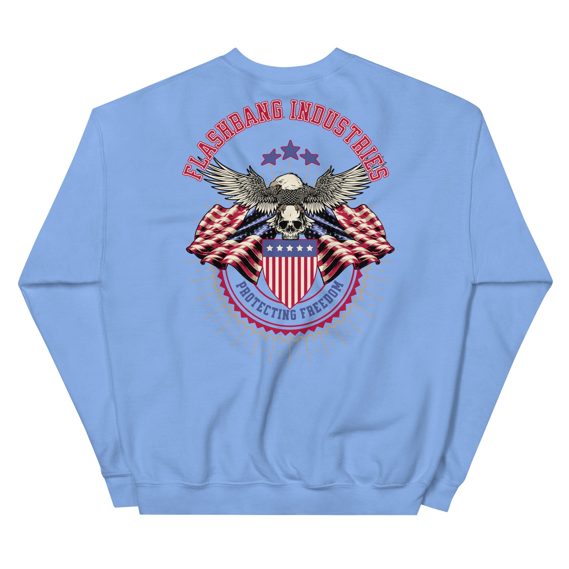 Light blue sweatshirt with an eagle and American flag design on the back, featuring the brand 'Flashbang Industries'.