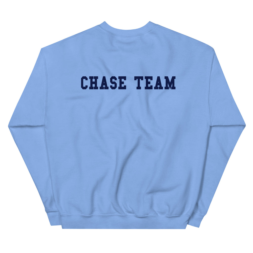 Light blue sweatshirt with 'CHASE TEAM' text on the back against a white background