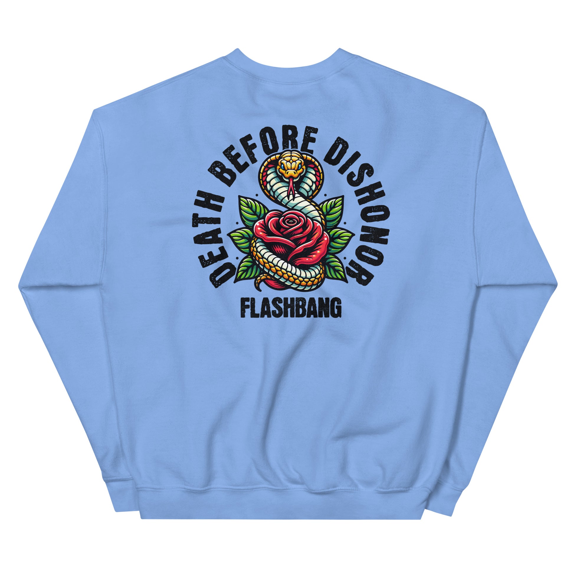 Light blue sweatshirt with snake and rose design and text on a white background