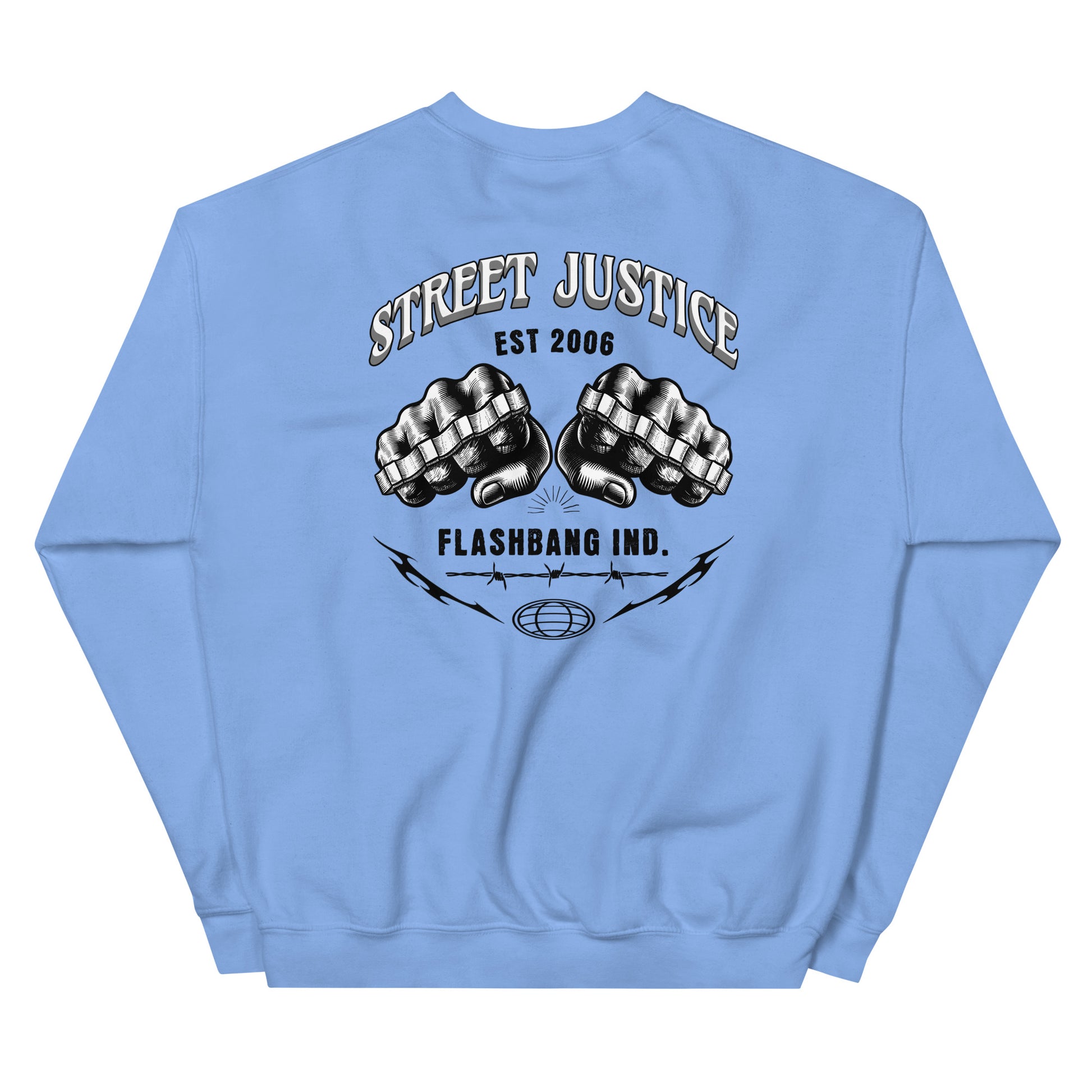 Light blue sweatshirt with black graphic design on a white background