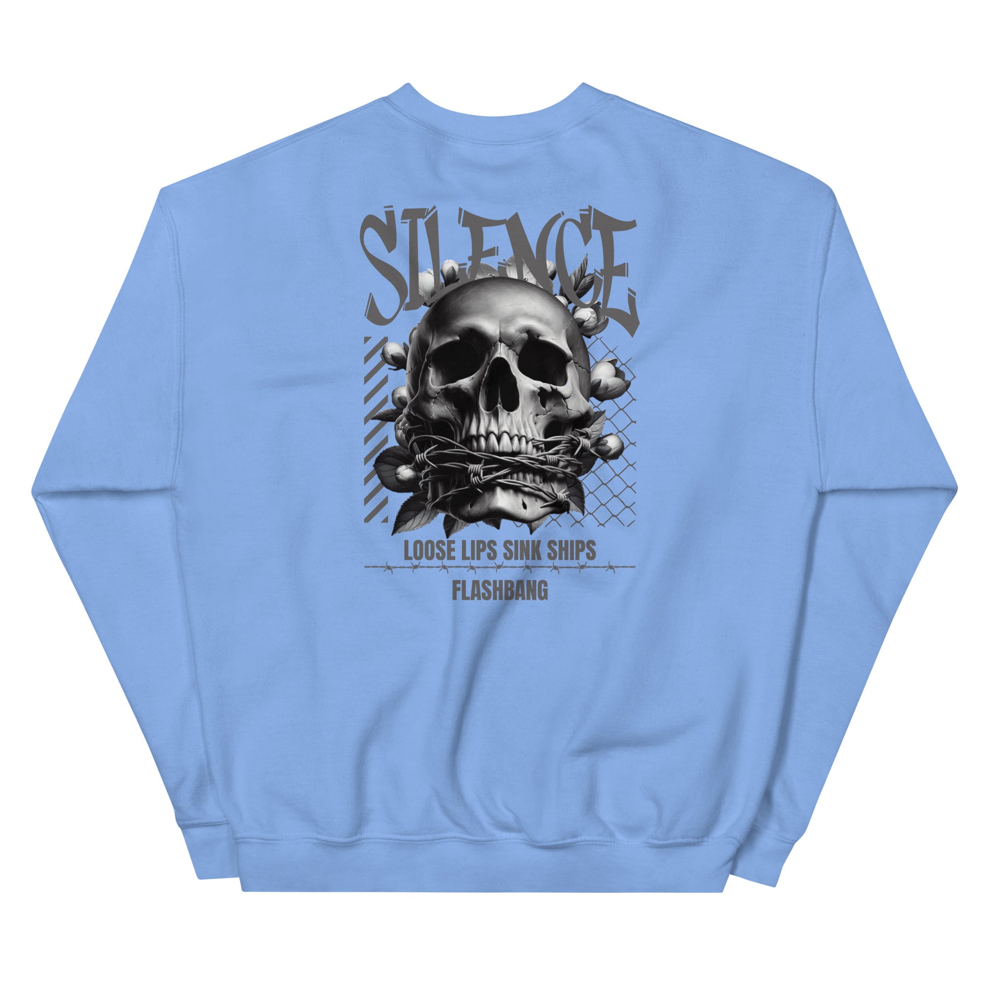 Light blue sweatshirt with a skull graphic and text on the back against a white background