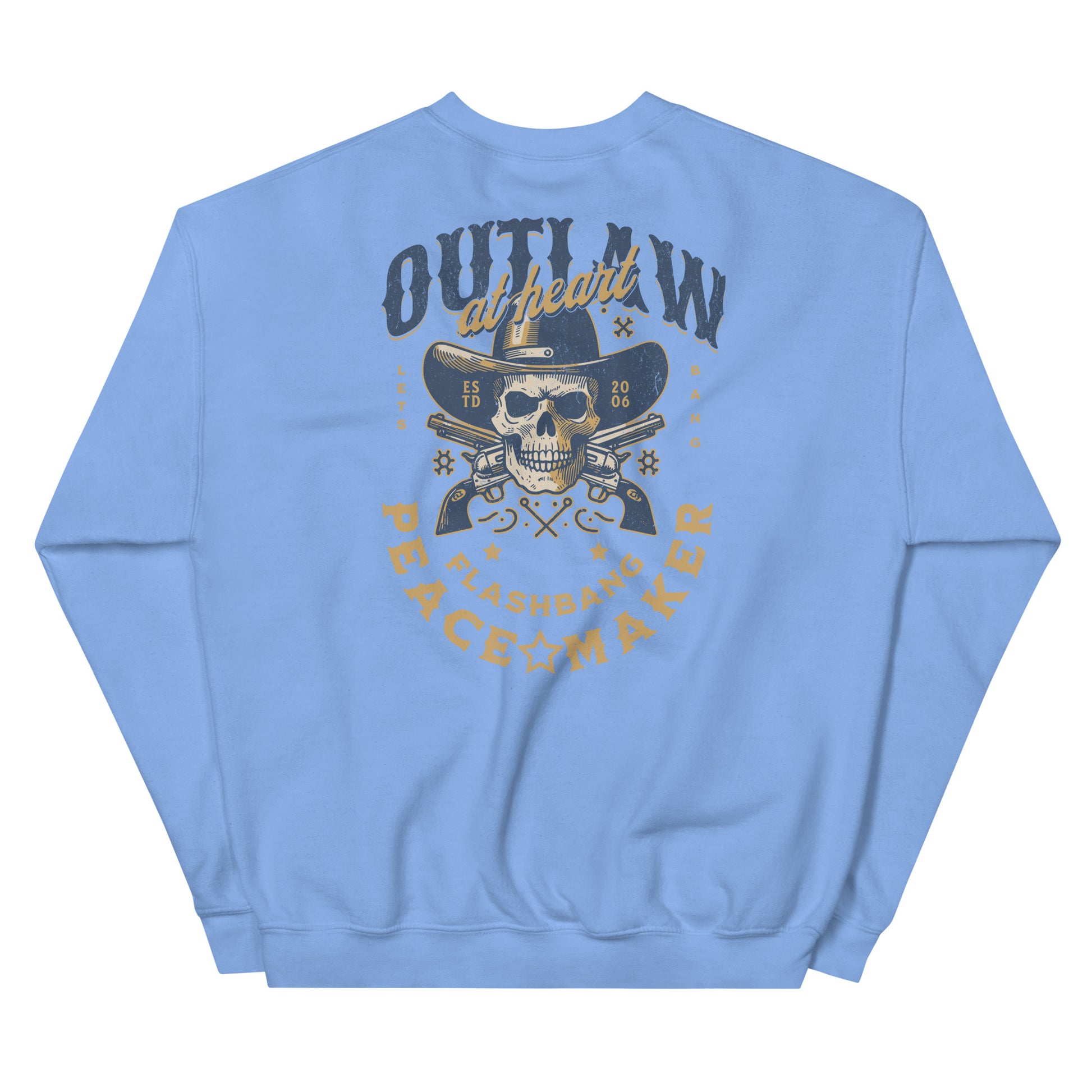 Light blue sweatshirt with a graphic design on the back featuring a skull and text.