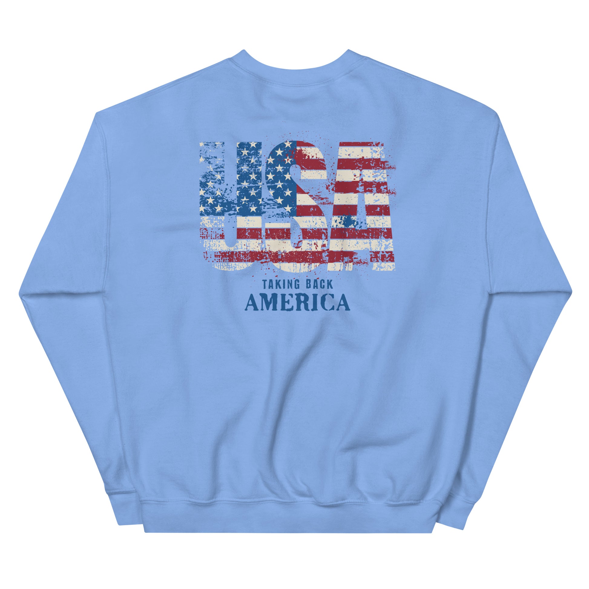 Light blue sweatshirt with American flag design and text on a white background