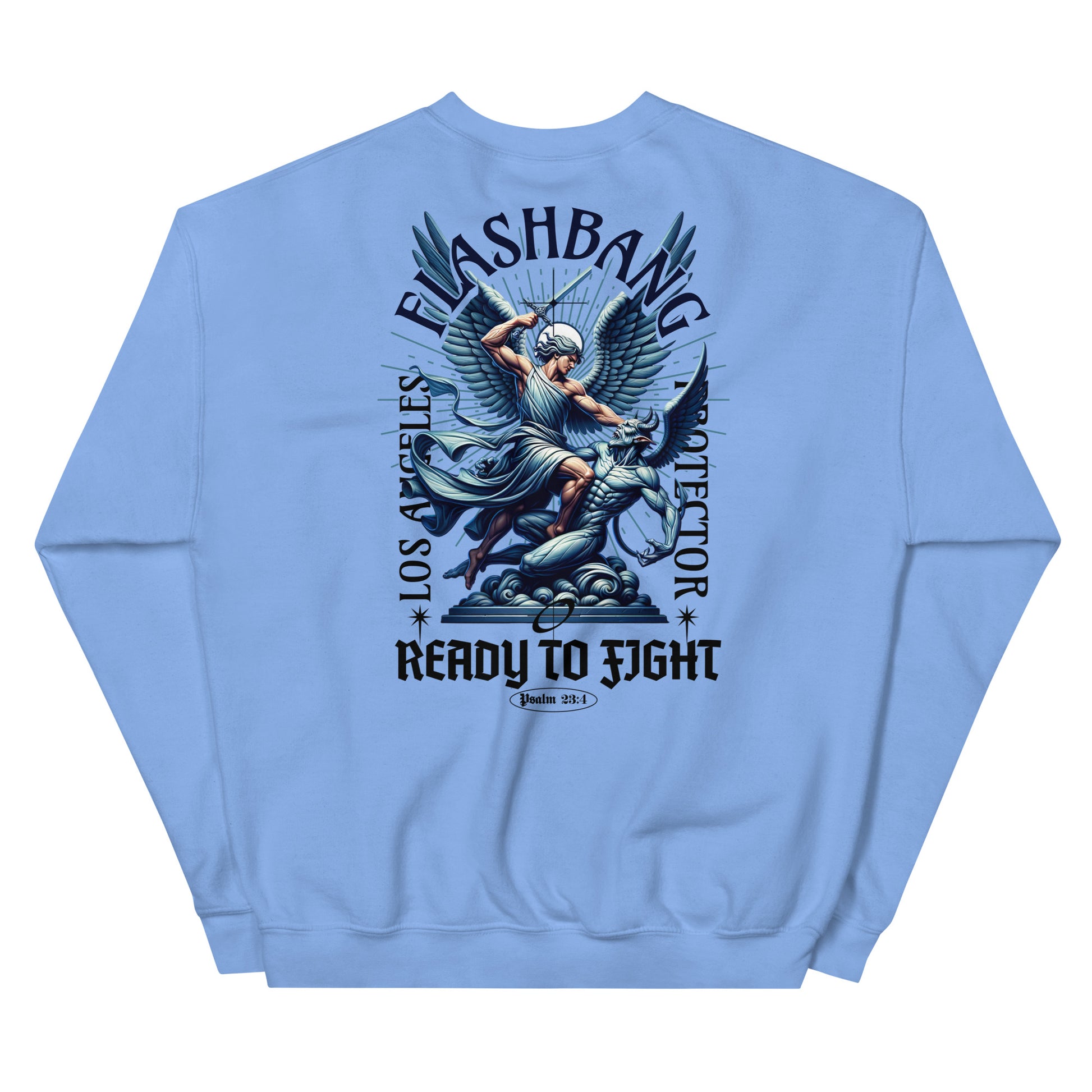 Light blue sweatshirt with graphic design on the back featuring an angel and text.