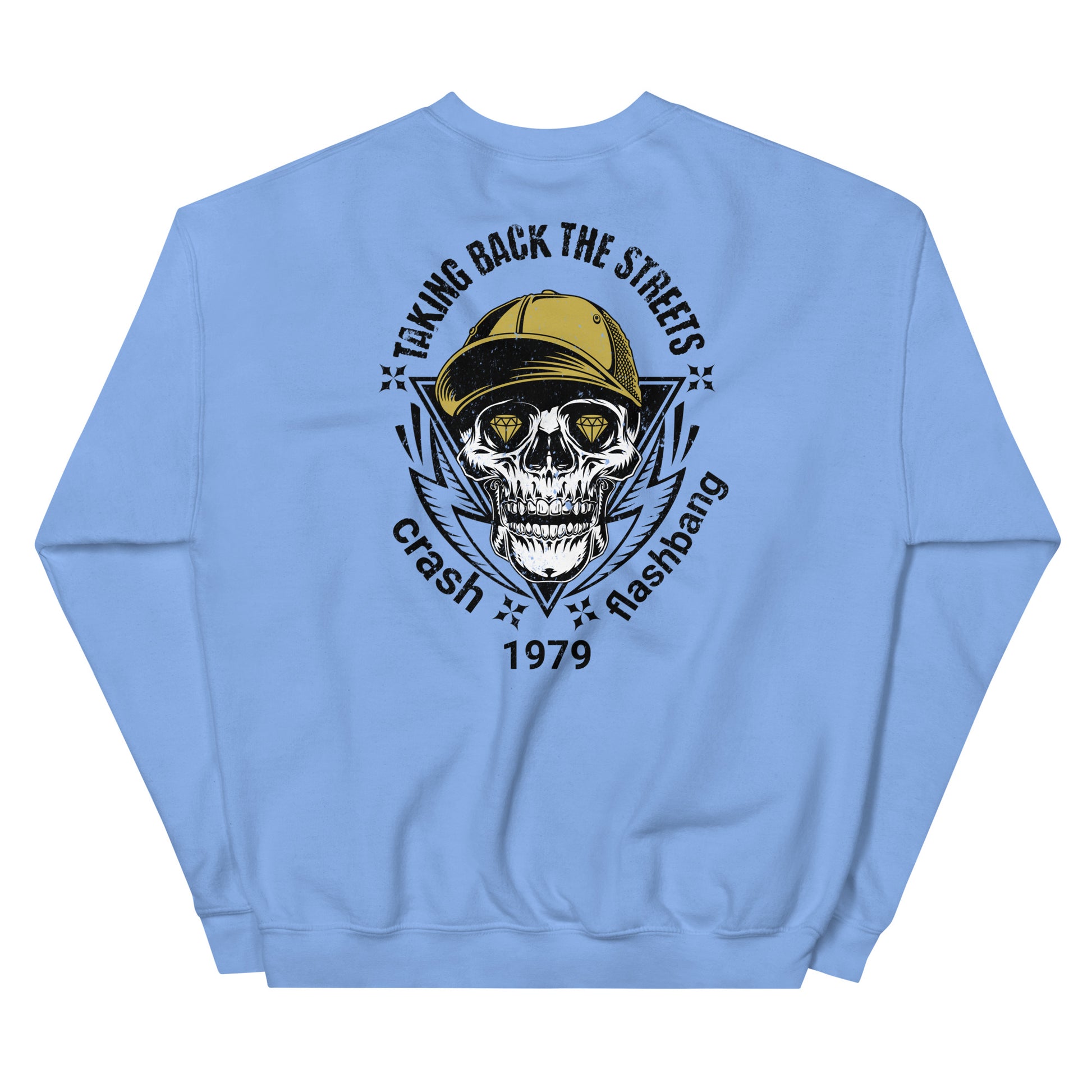 Light blue sweatshirt with a skull graphic and text on the back against a white background