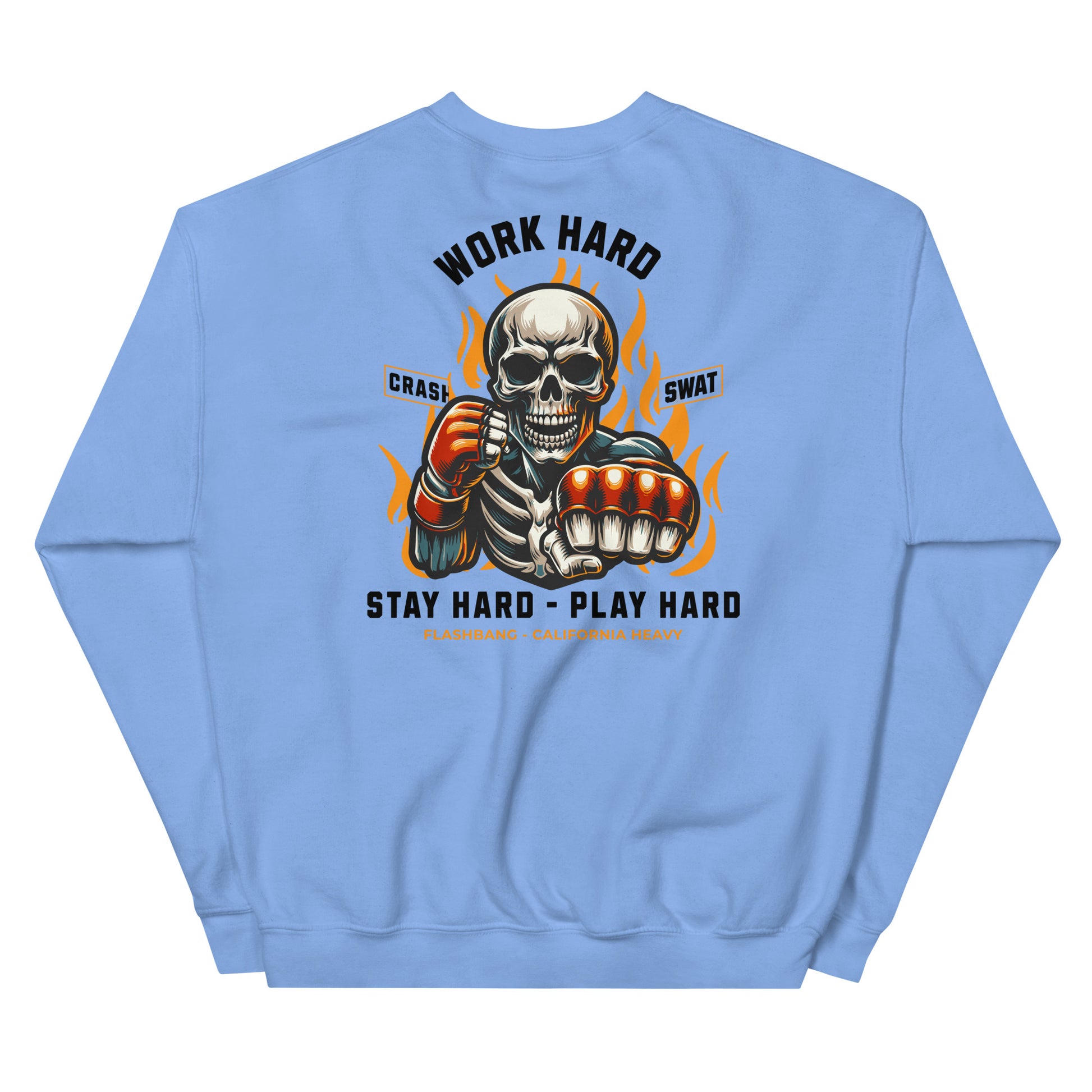 Light blue sweatshirt with a skeleton design and text on the back