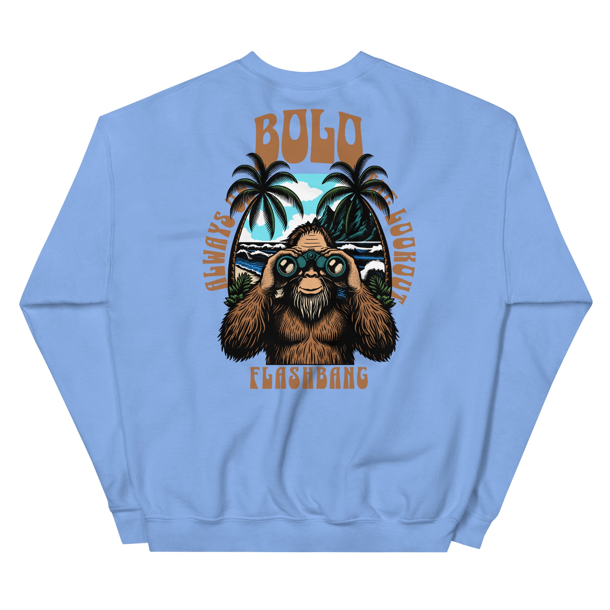 Light blue sweatshirt with a graphic of a bear holding binoculars and palm trees on the back.