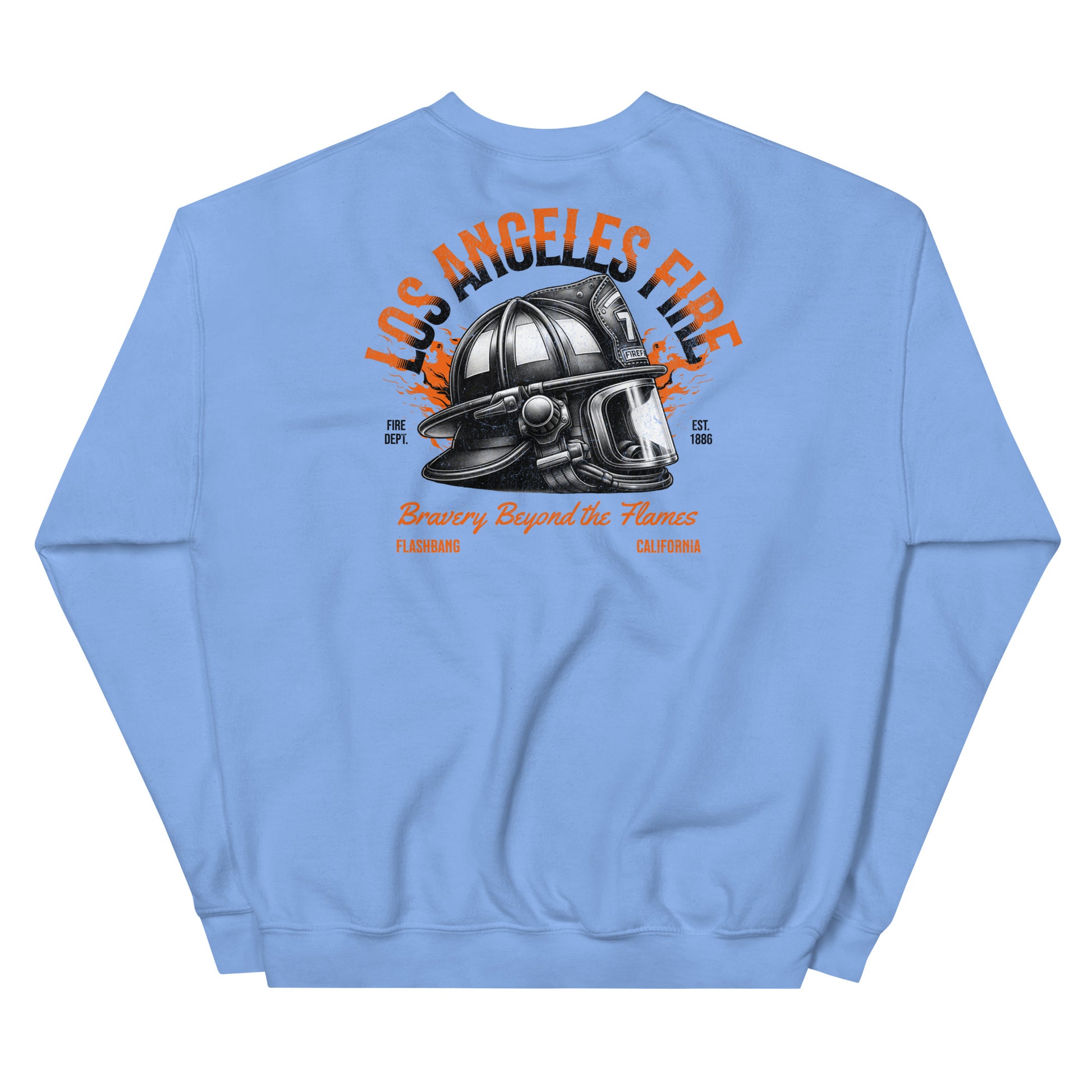 Light blue sweatshirt with a fire helmet graphic and text on the back, on a white background.