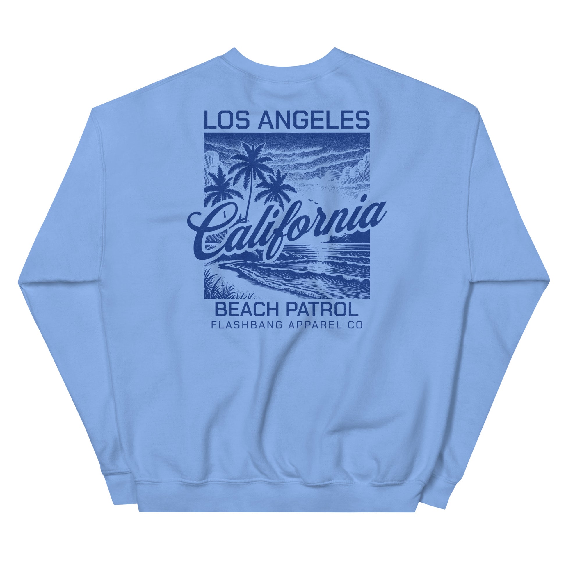 Light blue sweatshirt with 'Los Angeles California Beach Patrol' design on the back, featuring palm trees and waves.