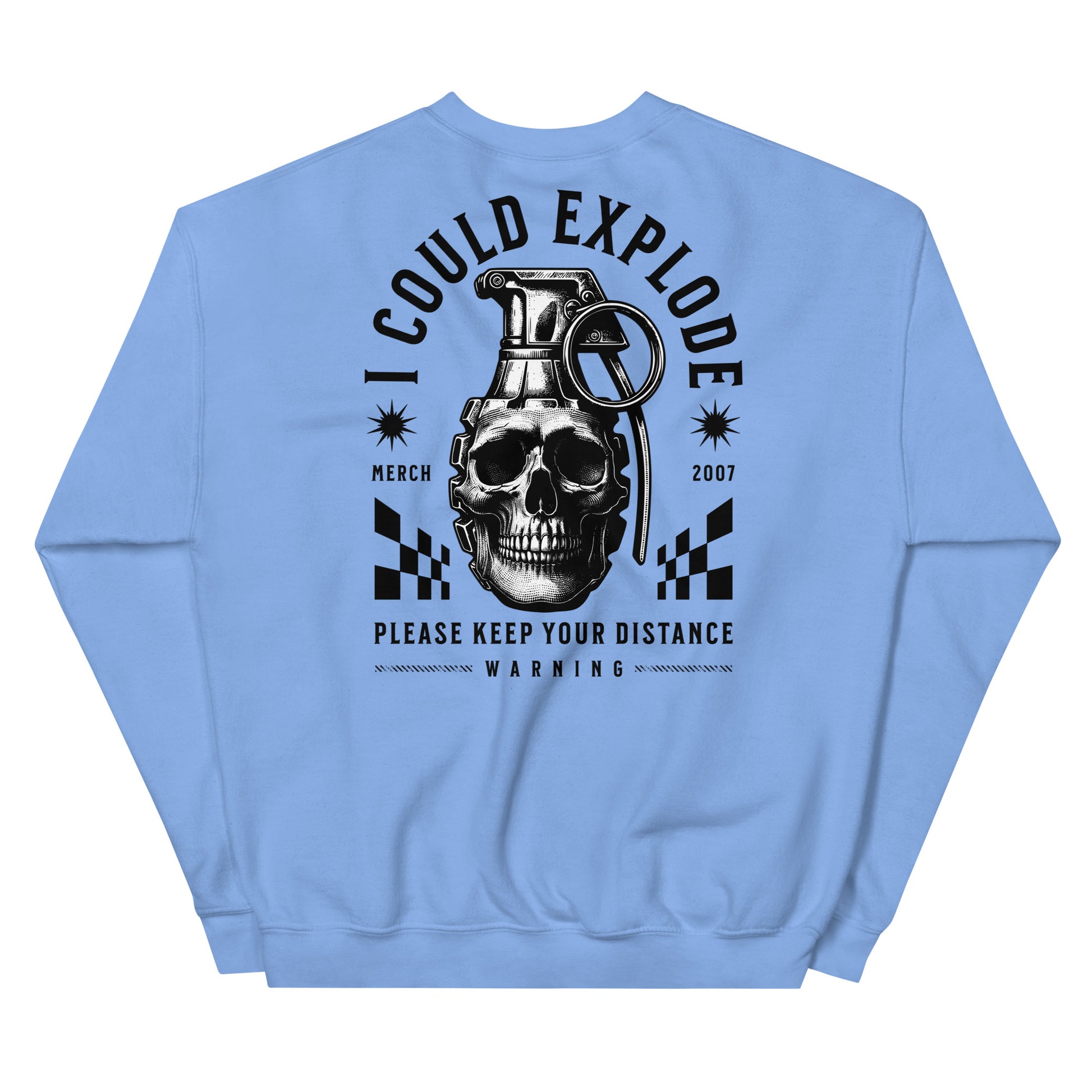 Light blue sweatshirt with black graphic design on the back featuring a skull and grenade.