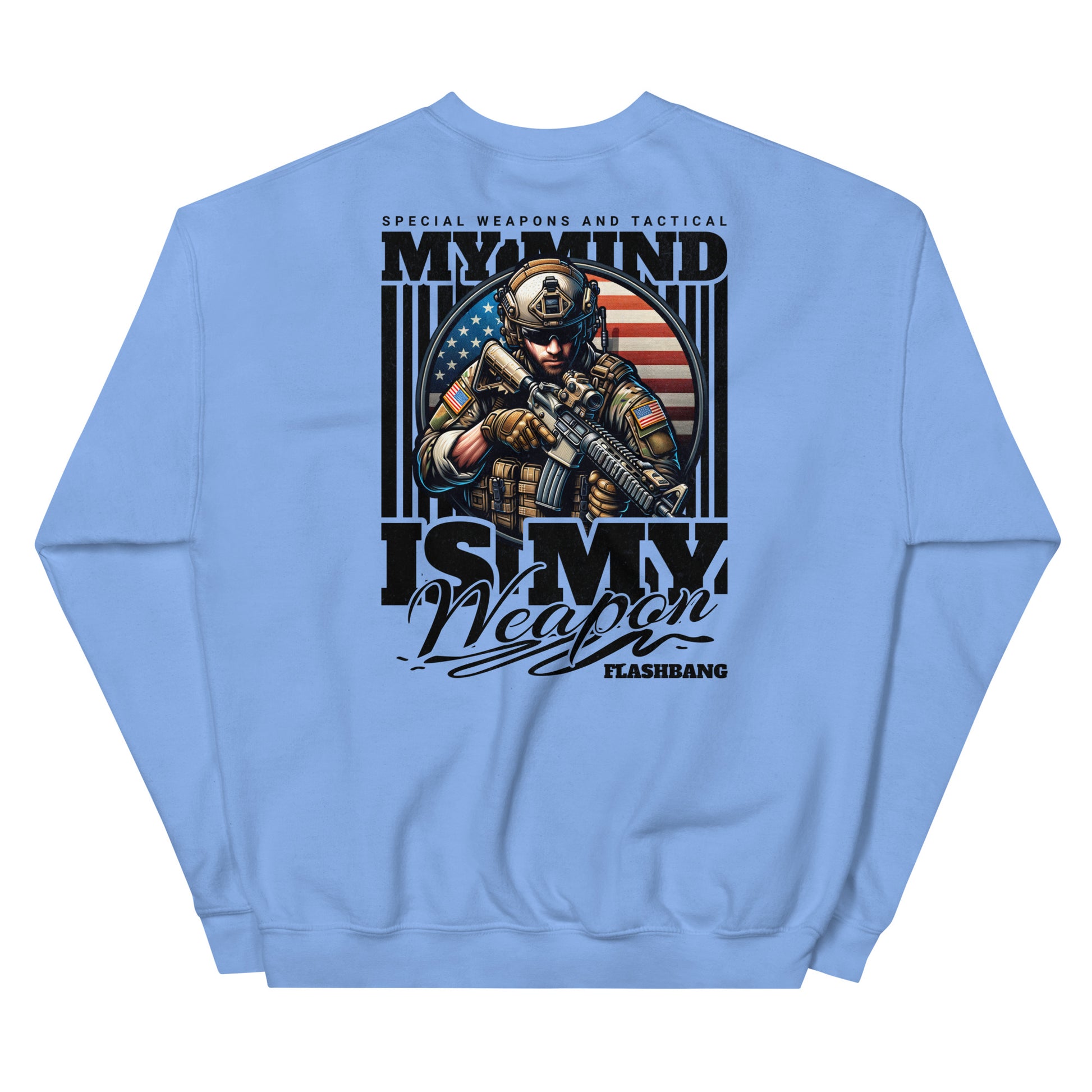 Light blue sweatshirt with a graphic of a soldier and text on the back, on a white background.