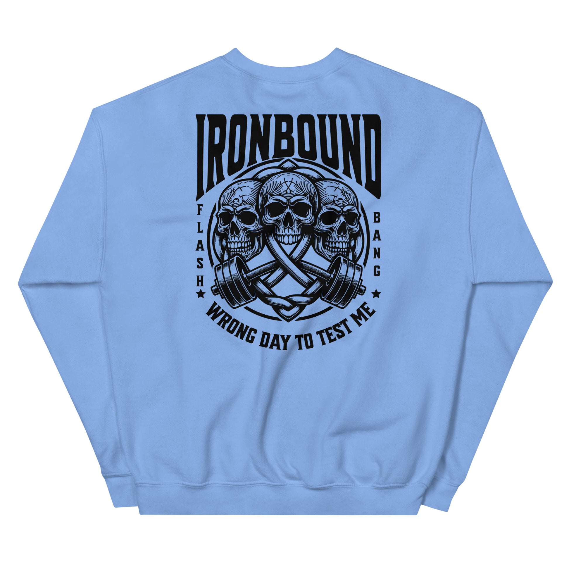 Light blue sweatshirt with black graphic design and text on a white background